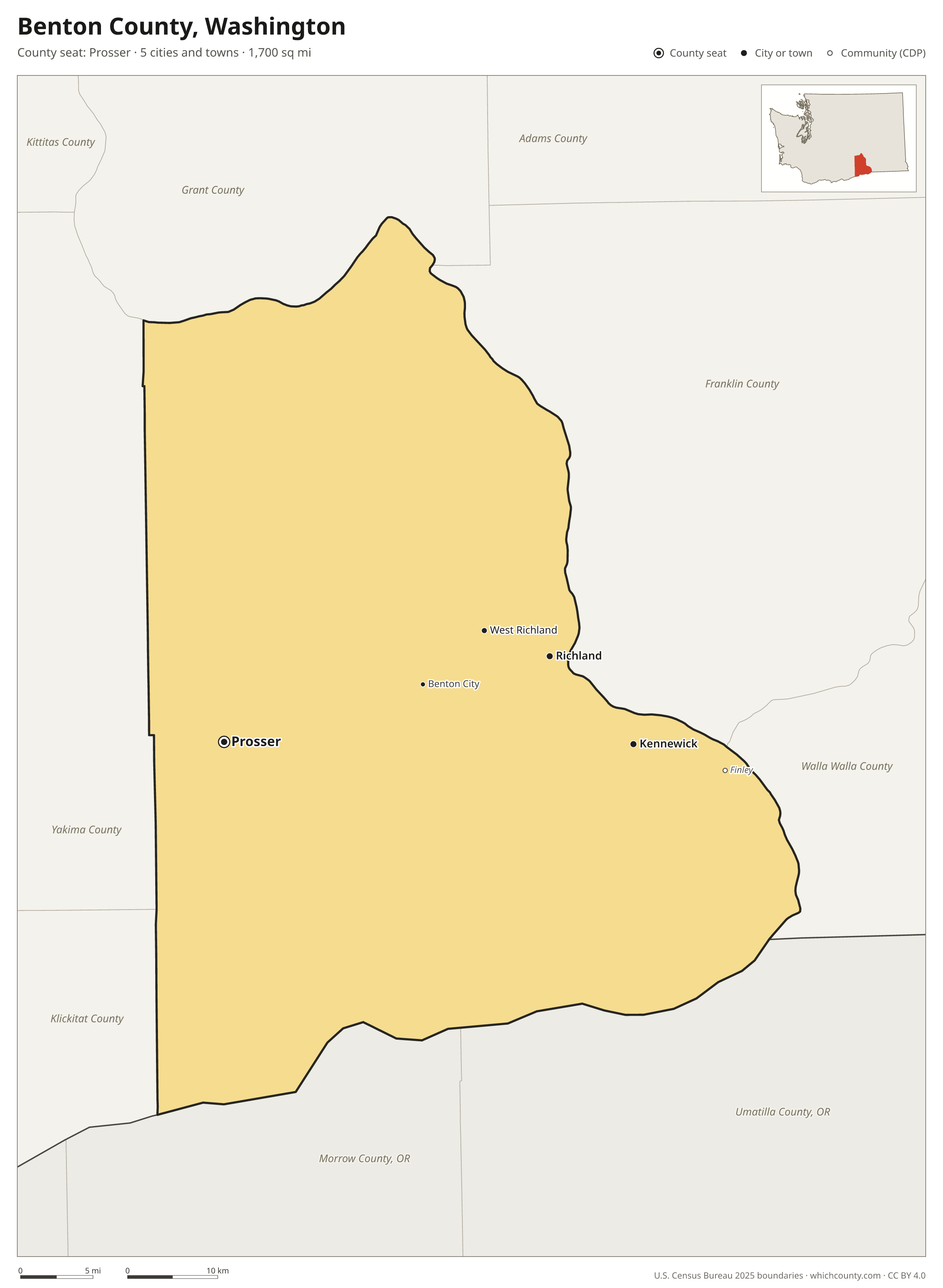 Map of Benton County, Washington with cities, towns and the county boundary