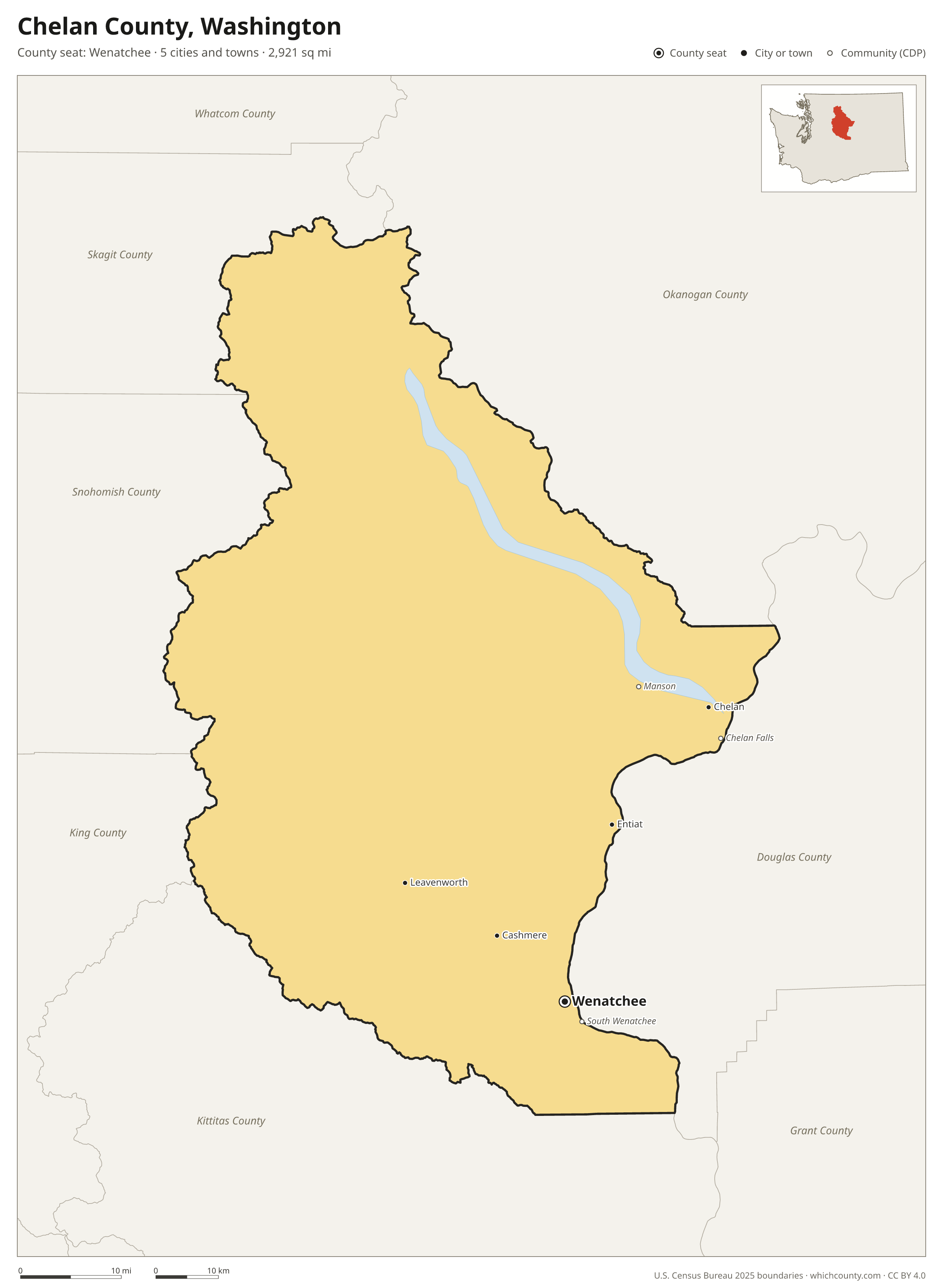 Map of Chelan County, Washington with cities, towns and the county boundary