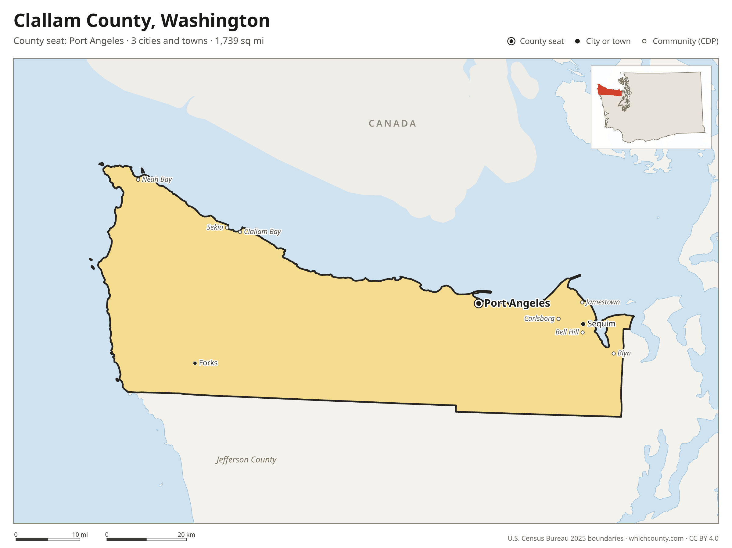 Map of Clallam County, Washington with cities, towns and the county boundary