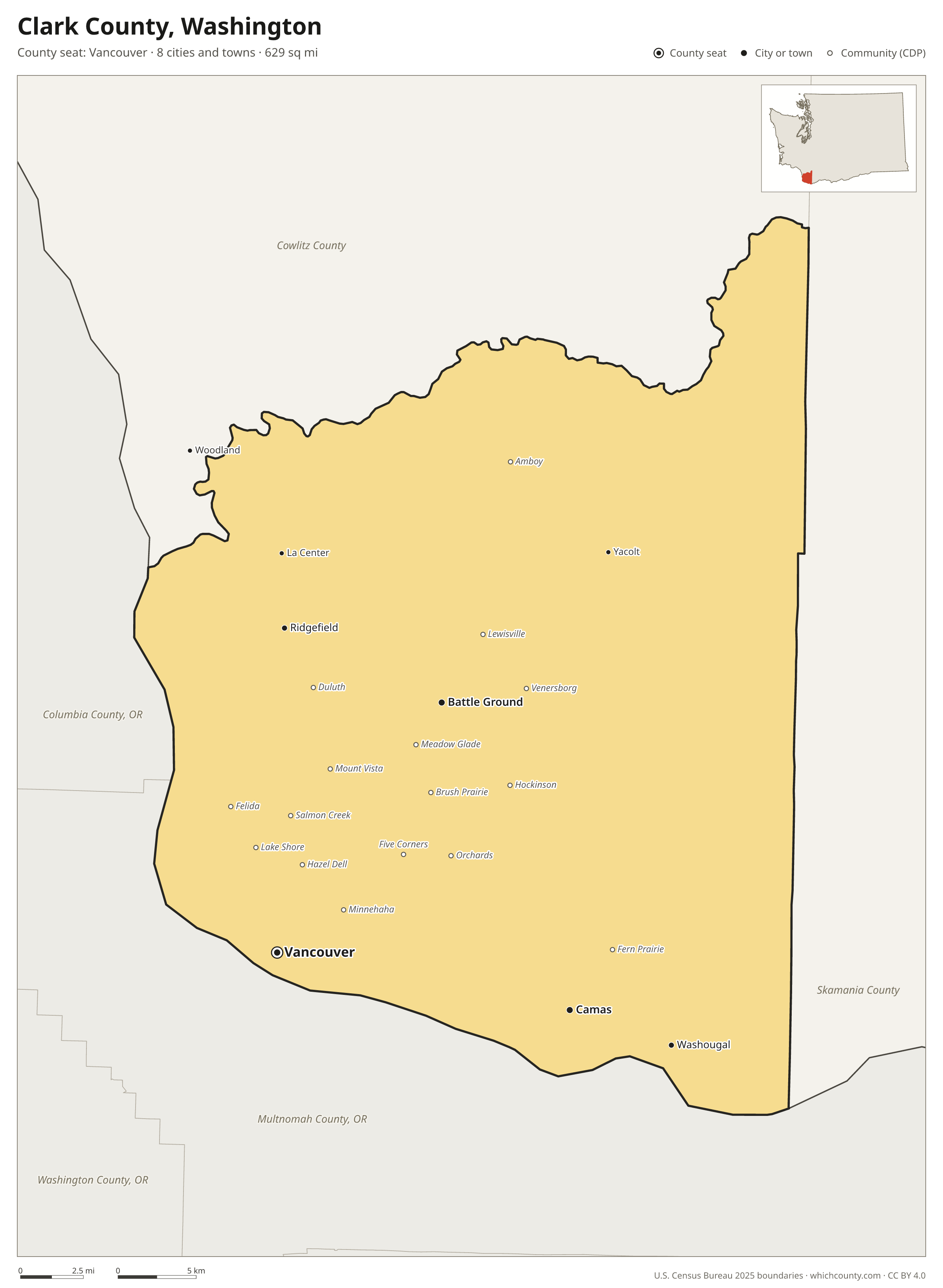 Map of Clark County, Washington with cities, towns and the county boundary