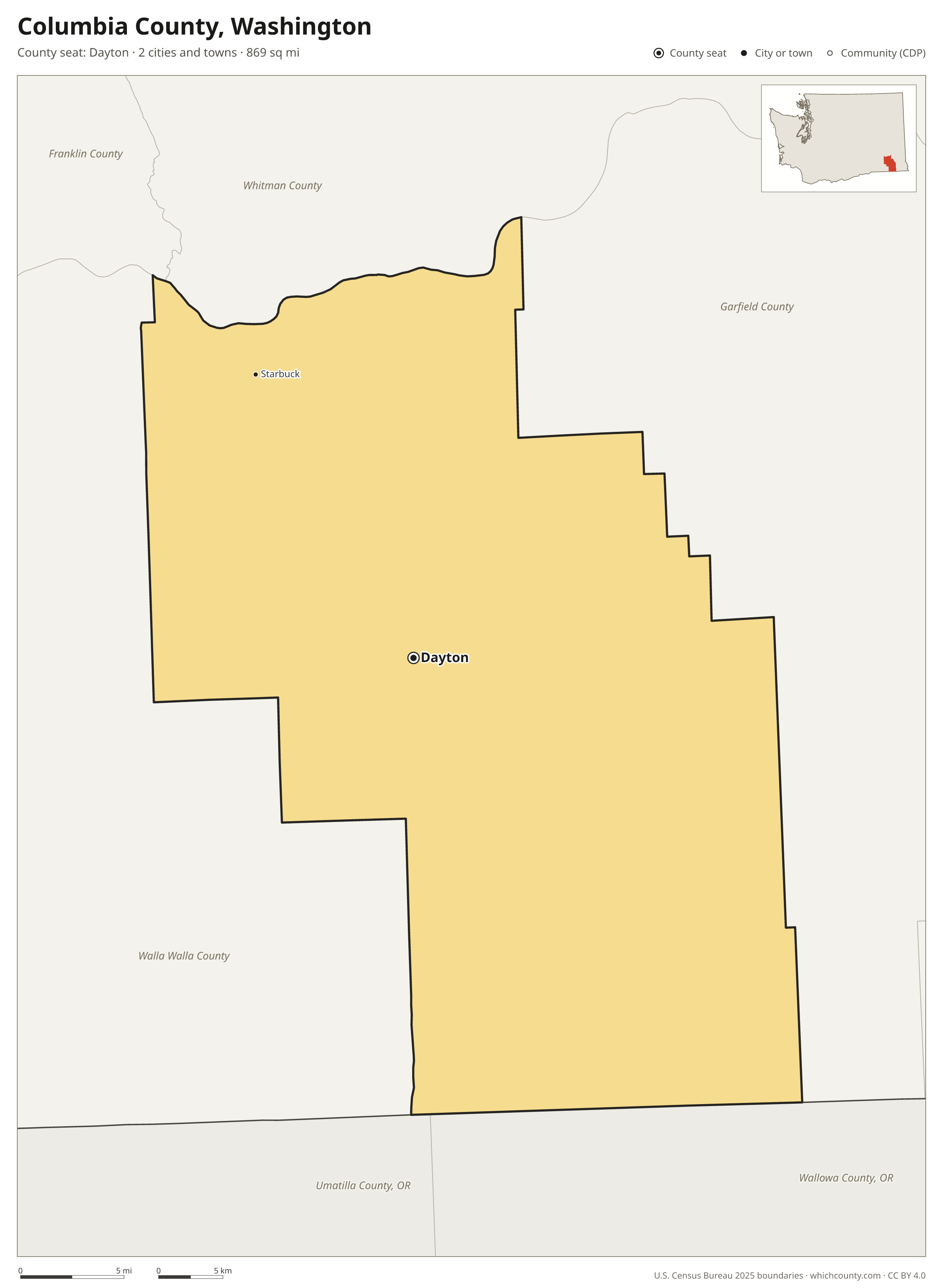 Map of Columbia County, Washington with cities, towns and the county boundary