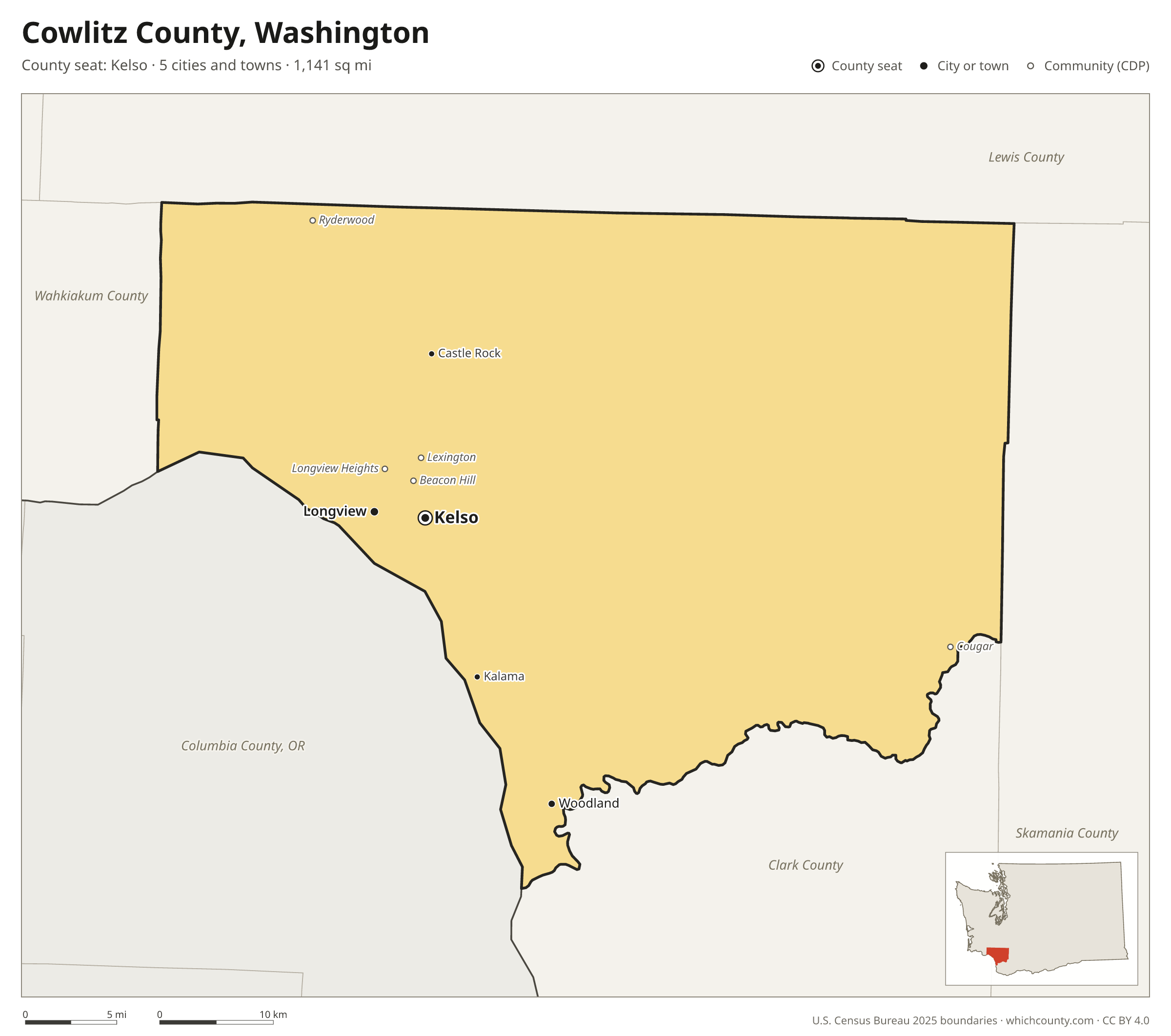 Map of Cowlitz County, Washington with cities, towns and the county boundary