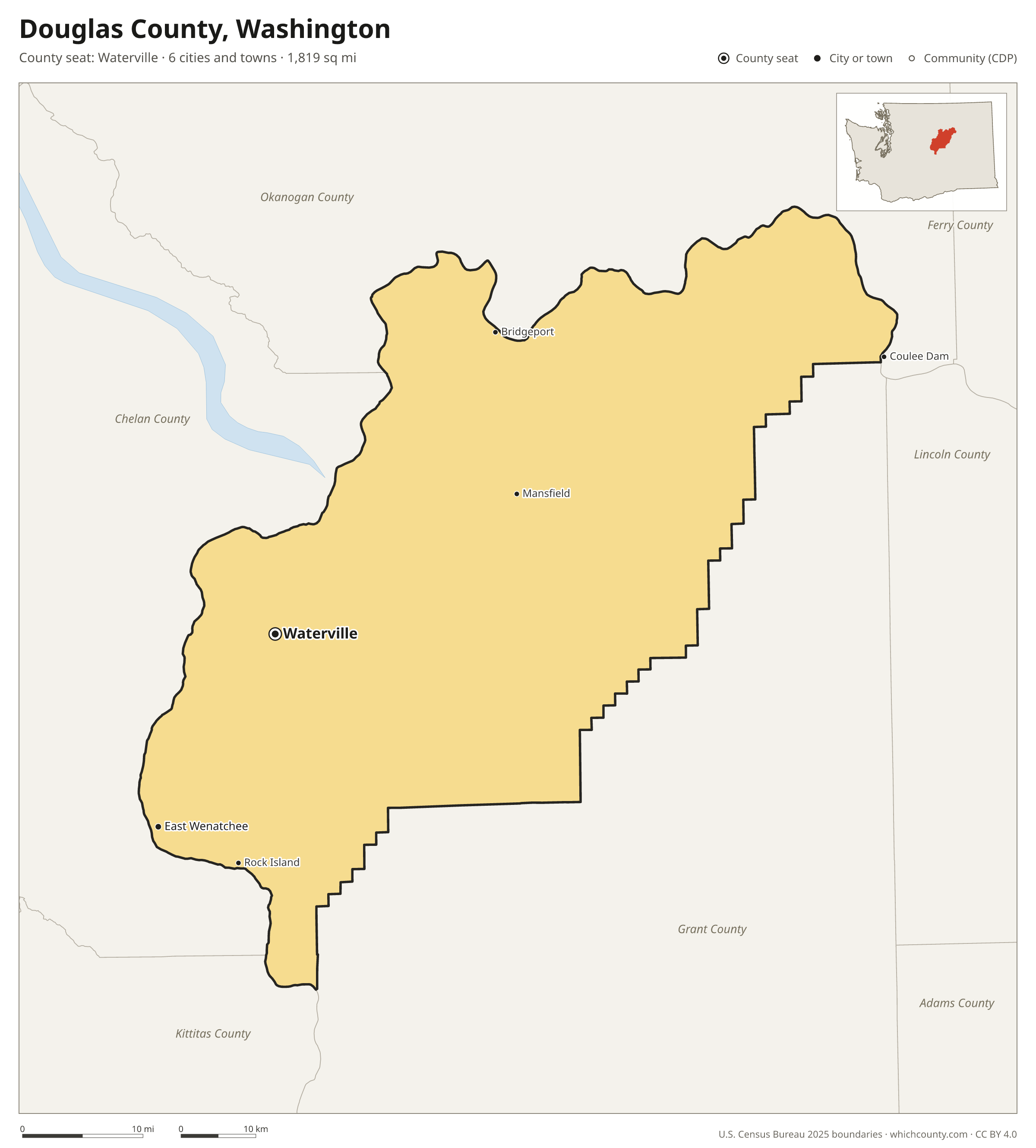 Map of Douglas County, Washington with cities, towns and the county boundary