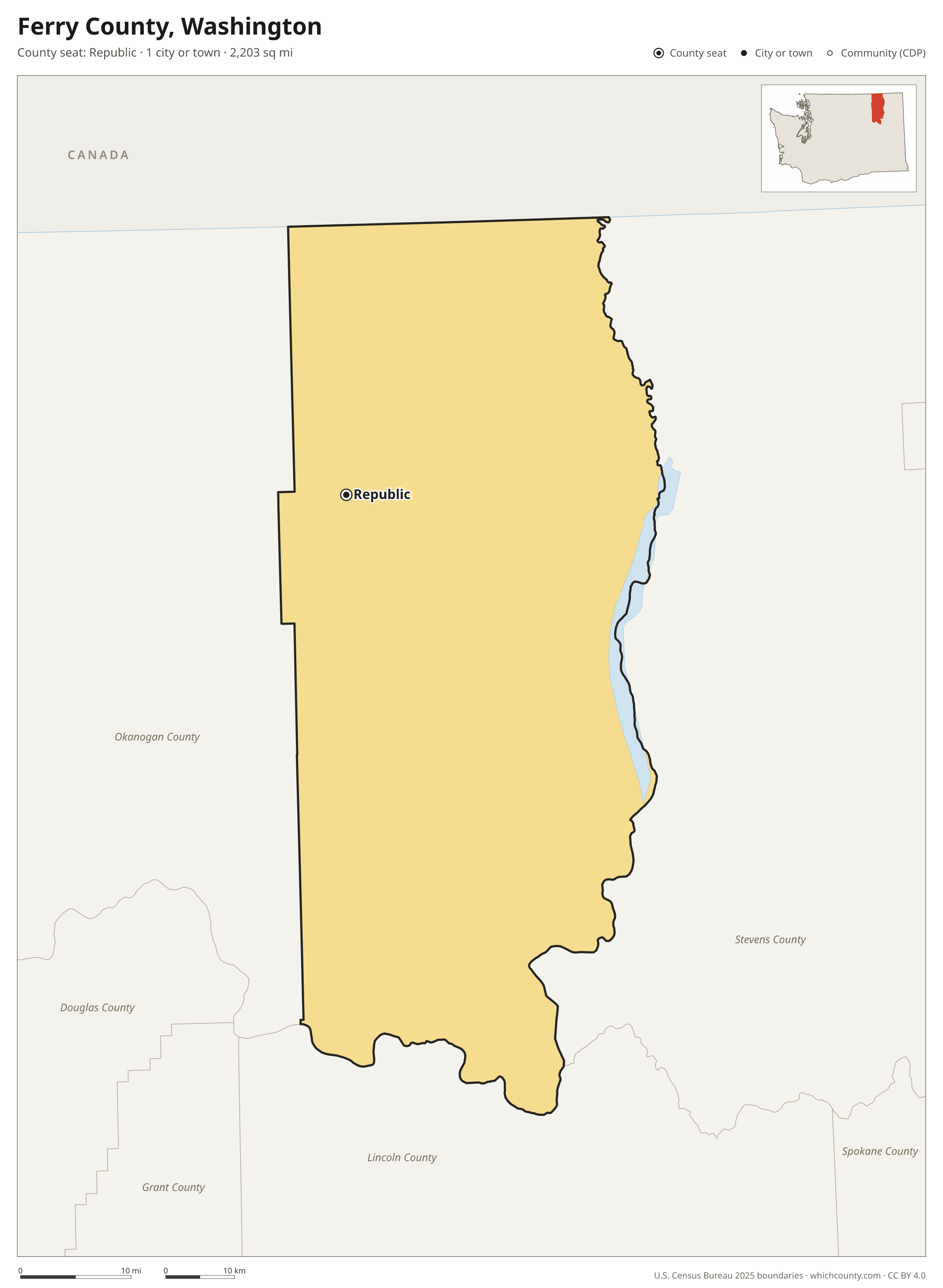 Map of Ferry County, Washington with cities, towns and the county boundary