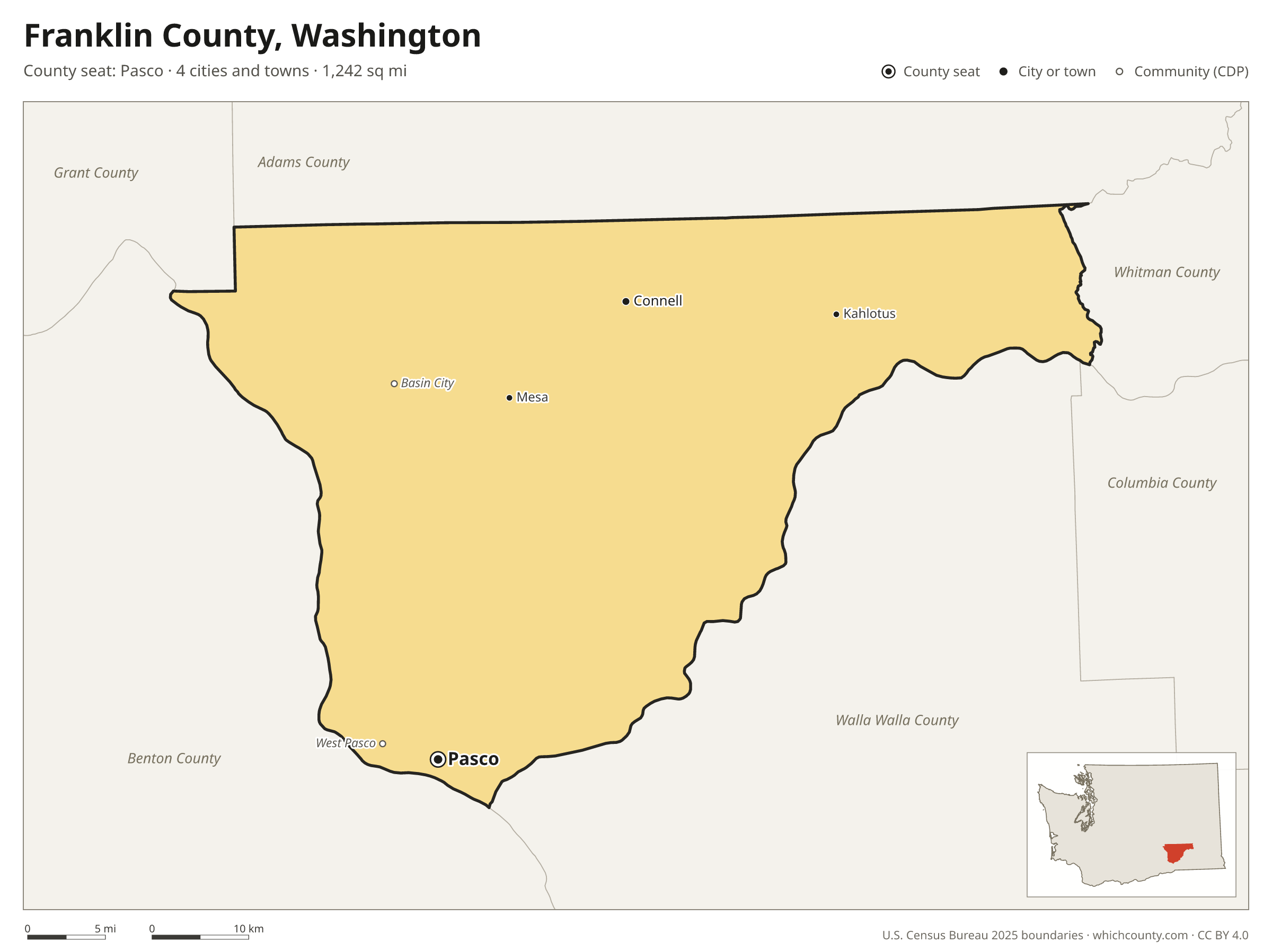 Map of Franklin County, Washington with cities, towns and the county boundary