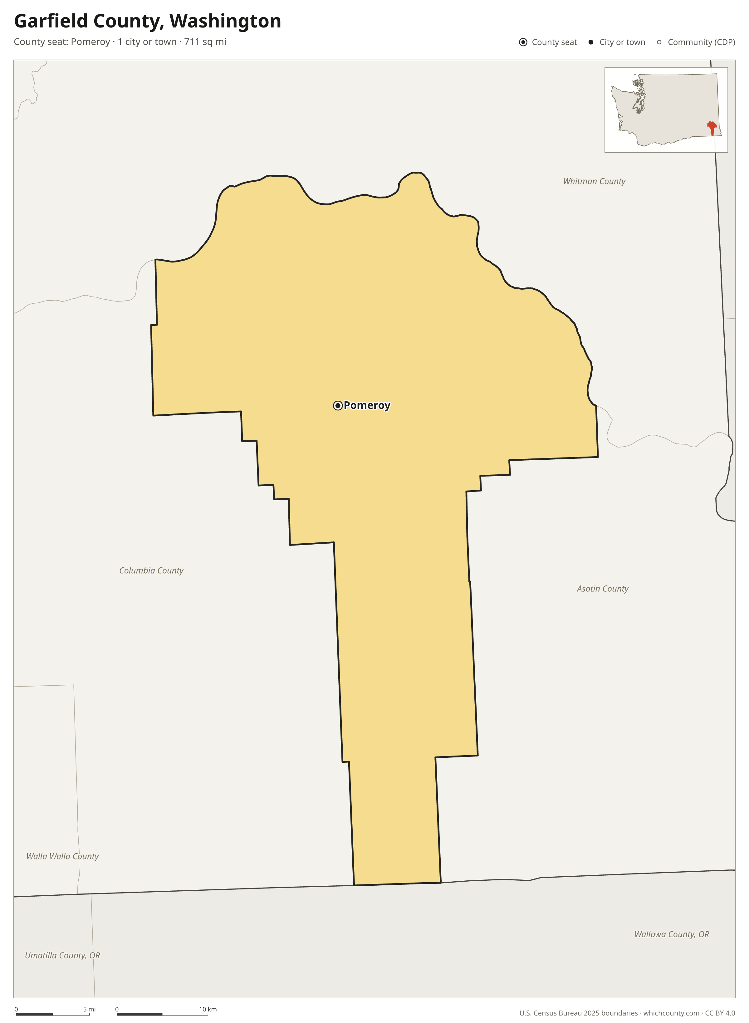 Map of Garfield County, Washington with cities, towns and the county boundary
