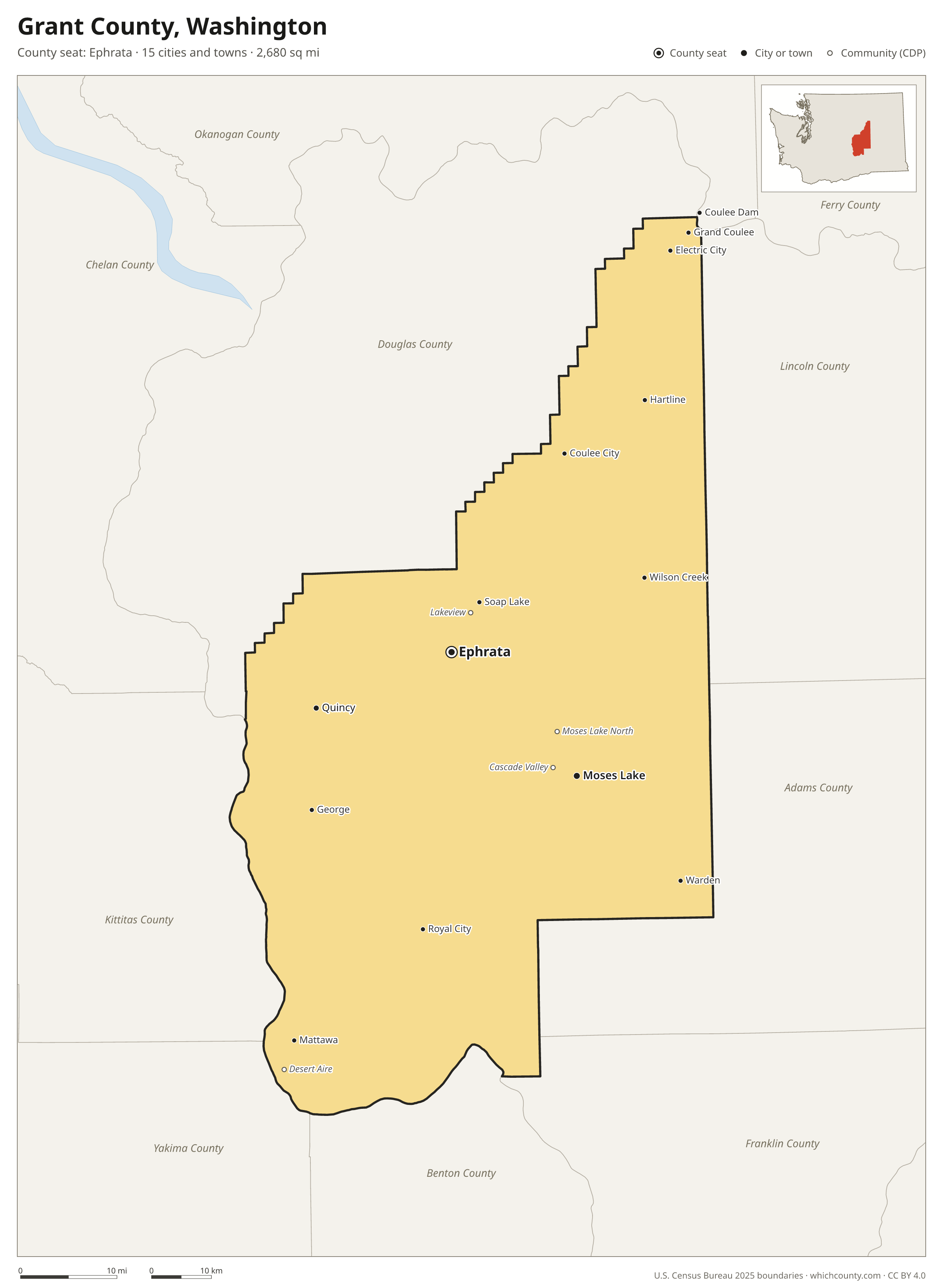 Map of Grant County, Washington with cities, towns and the county boundary