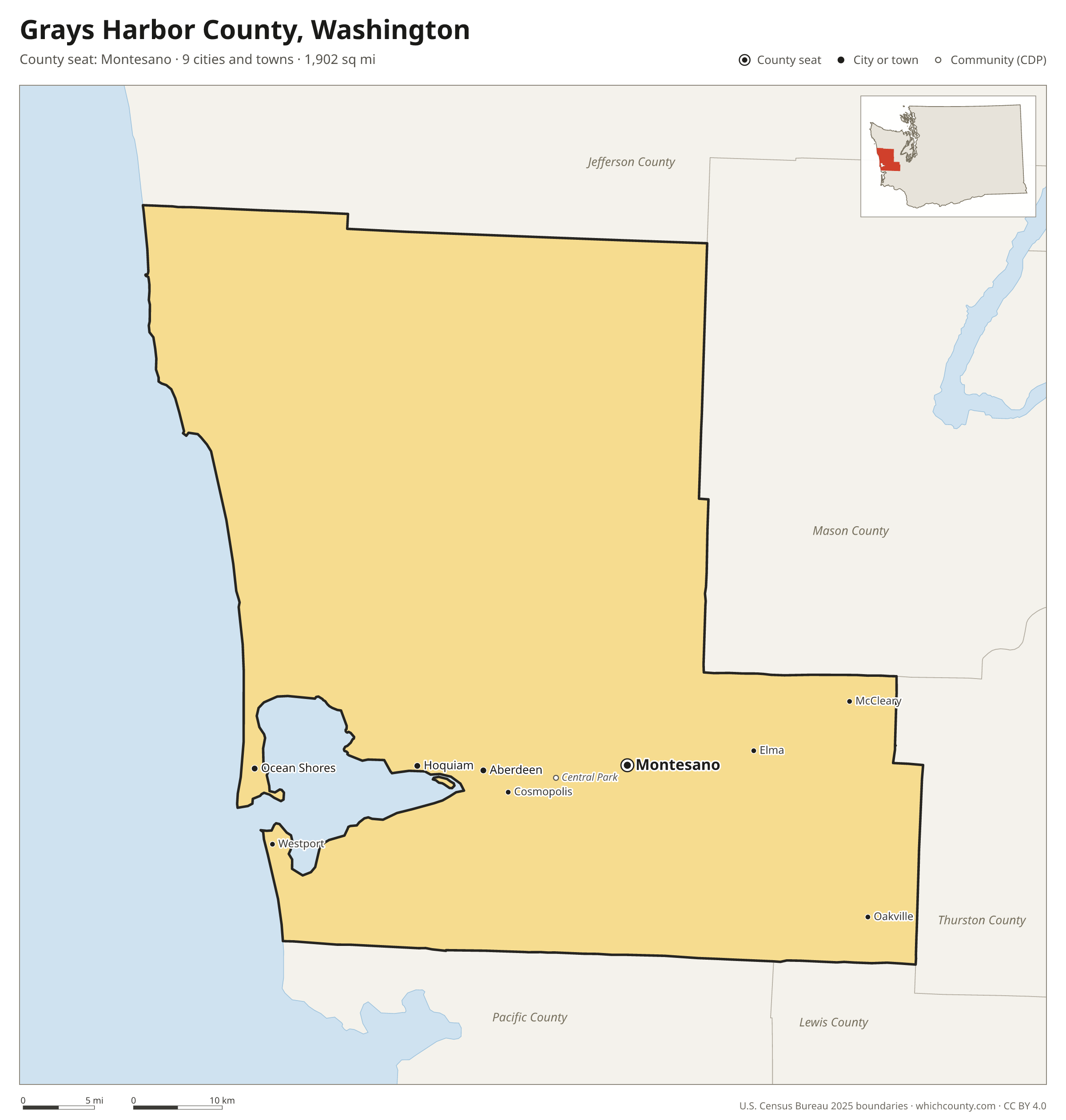 Map of Grays Harbor County, Washington with cities, towns and the county boundary