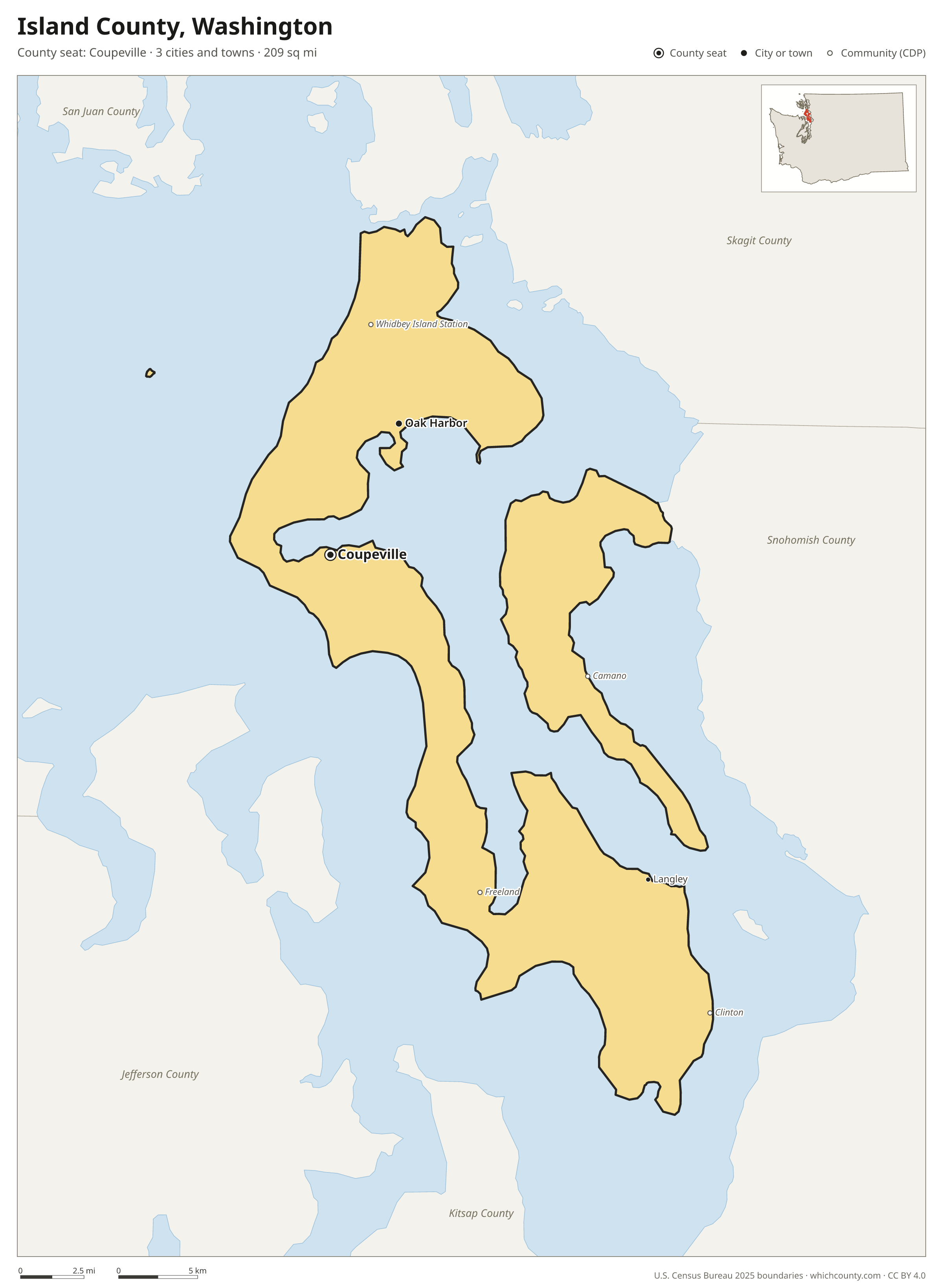 Map of Island County, Washington with cities, towns and the county boundary