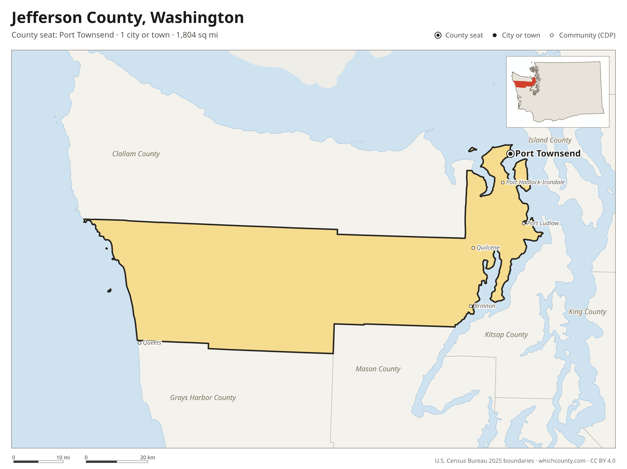 Map of Jefferson County, Washington with cities, towns and the county boundary