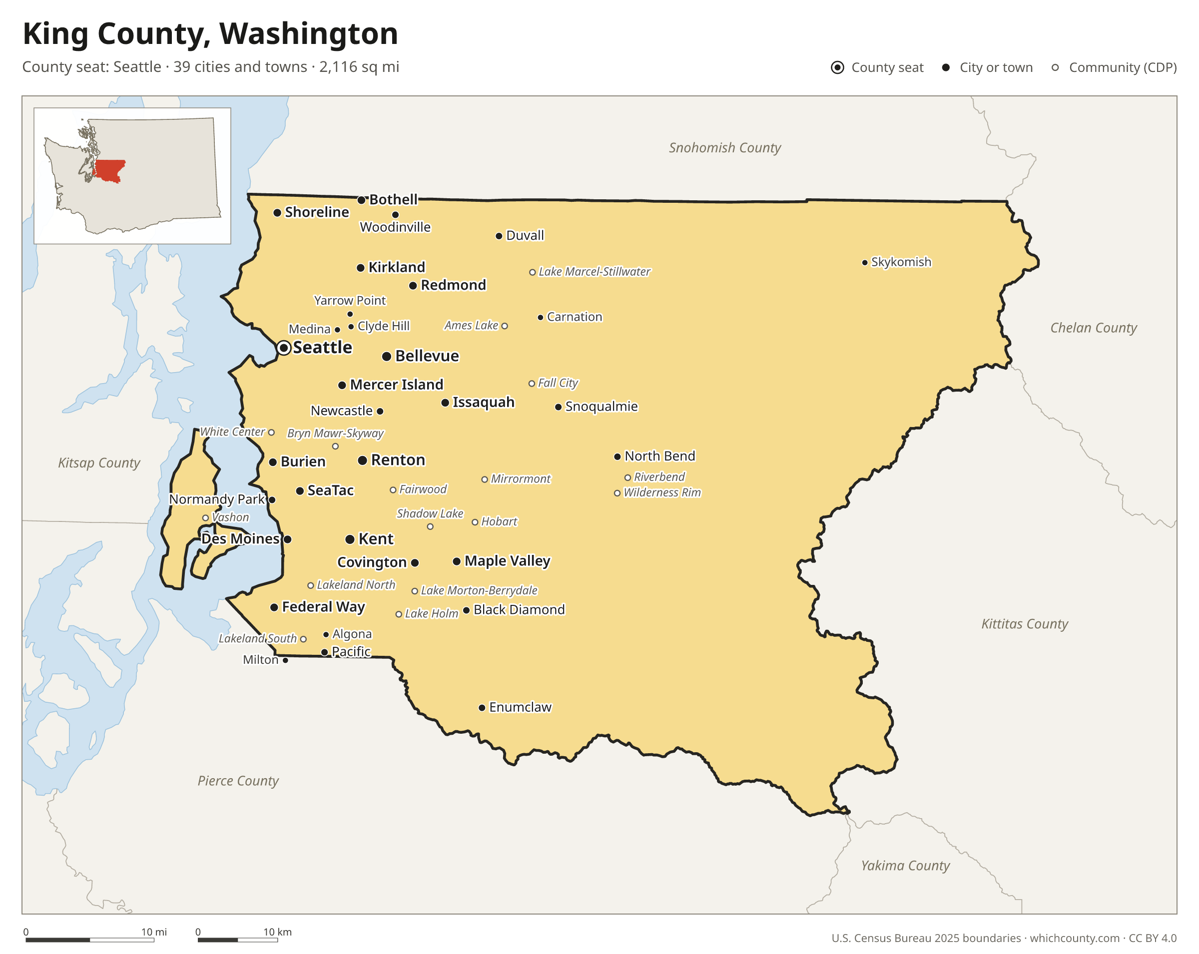 Map of King County, Washington with cities, towns and the county boundary