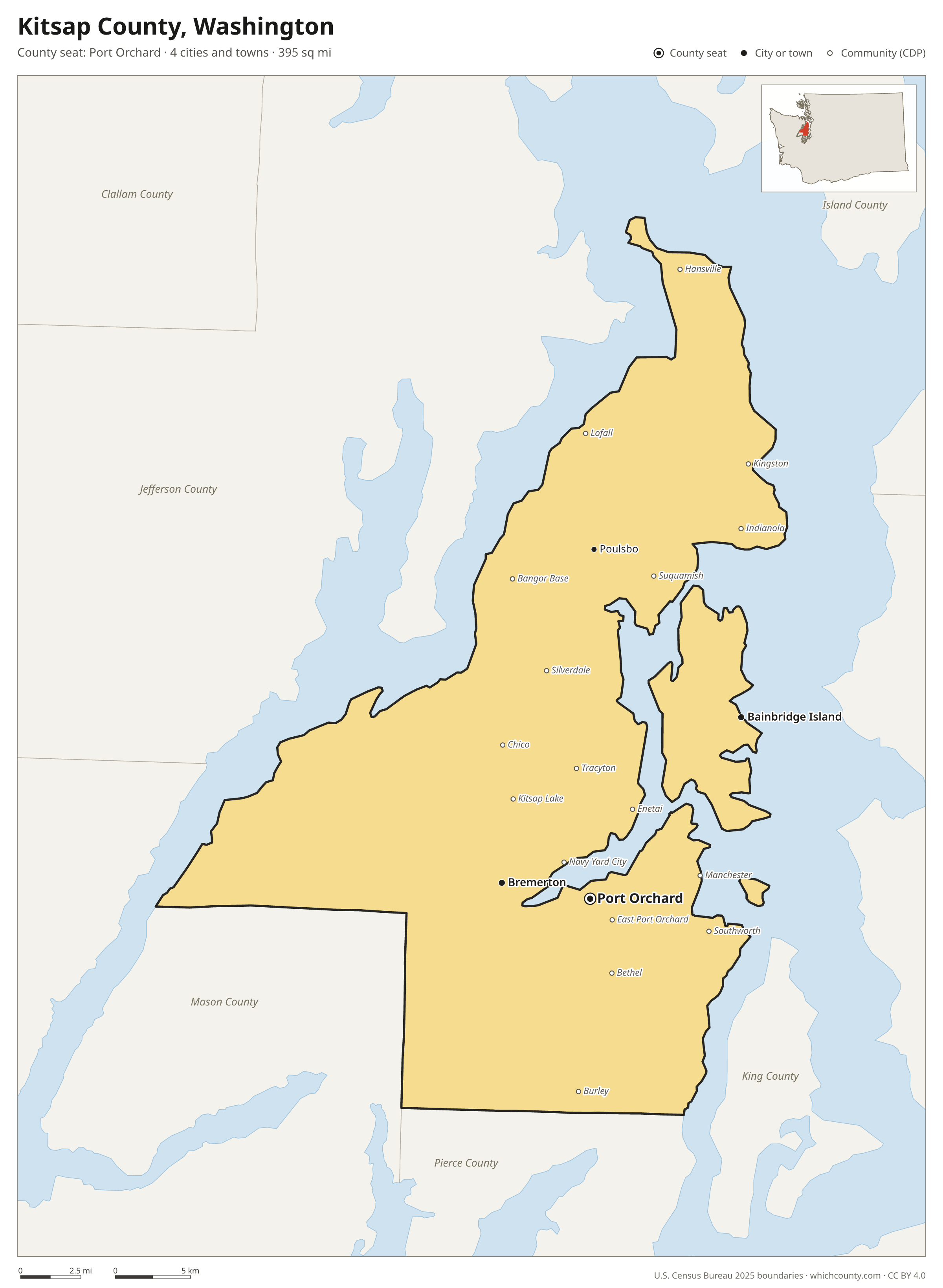 Map of Kitsap County, Washington with cities, towns and the county boundary
