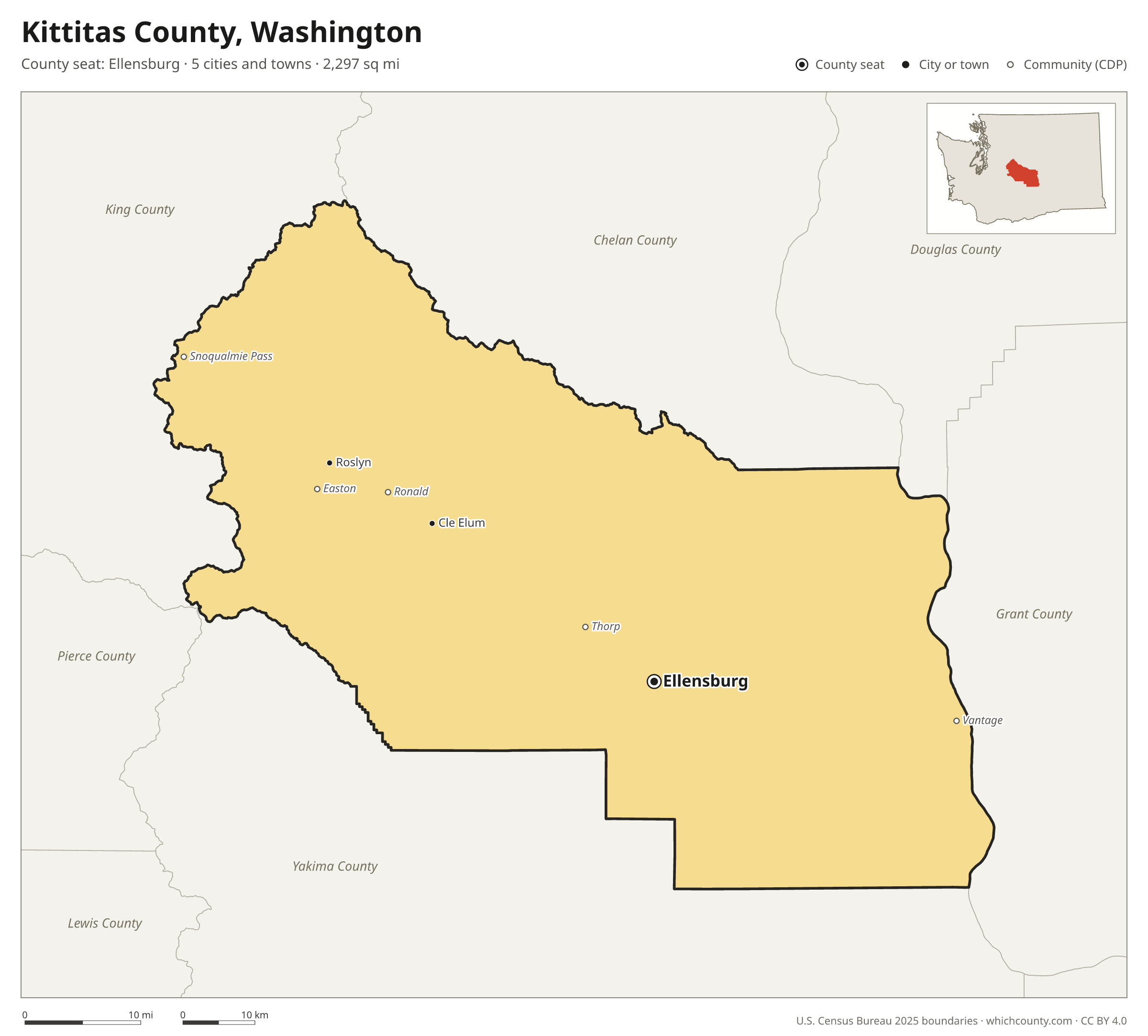 Map of Kittitas County, Washington with cities, towns and the county boundary