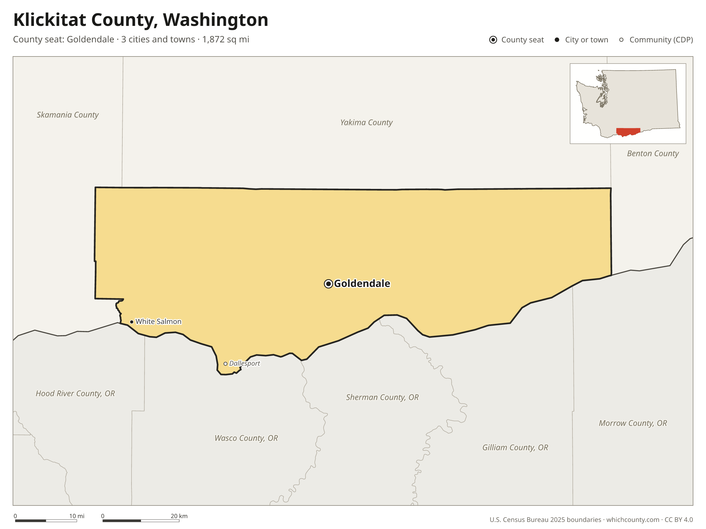 Map of Klickitat County, Washington with cities, towns and the county boundary