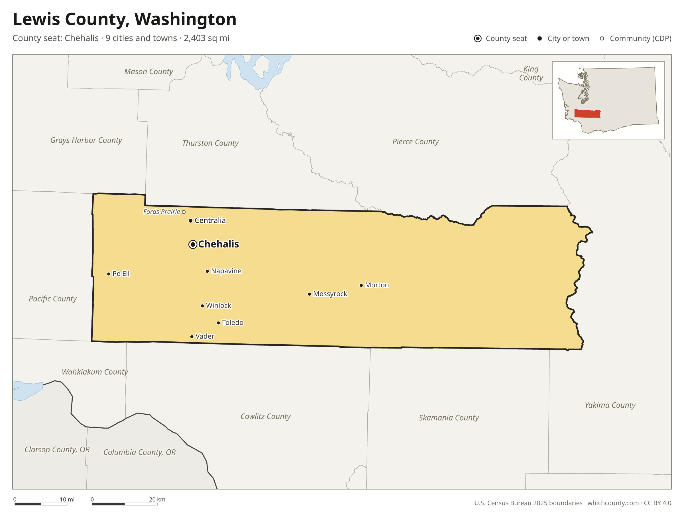 Map of Lewis County, Washington with cities, towns and the county boundary