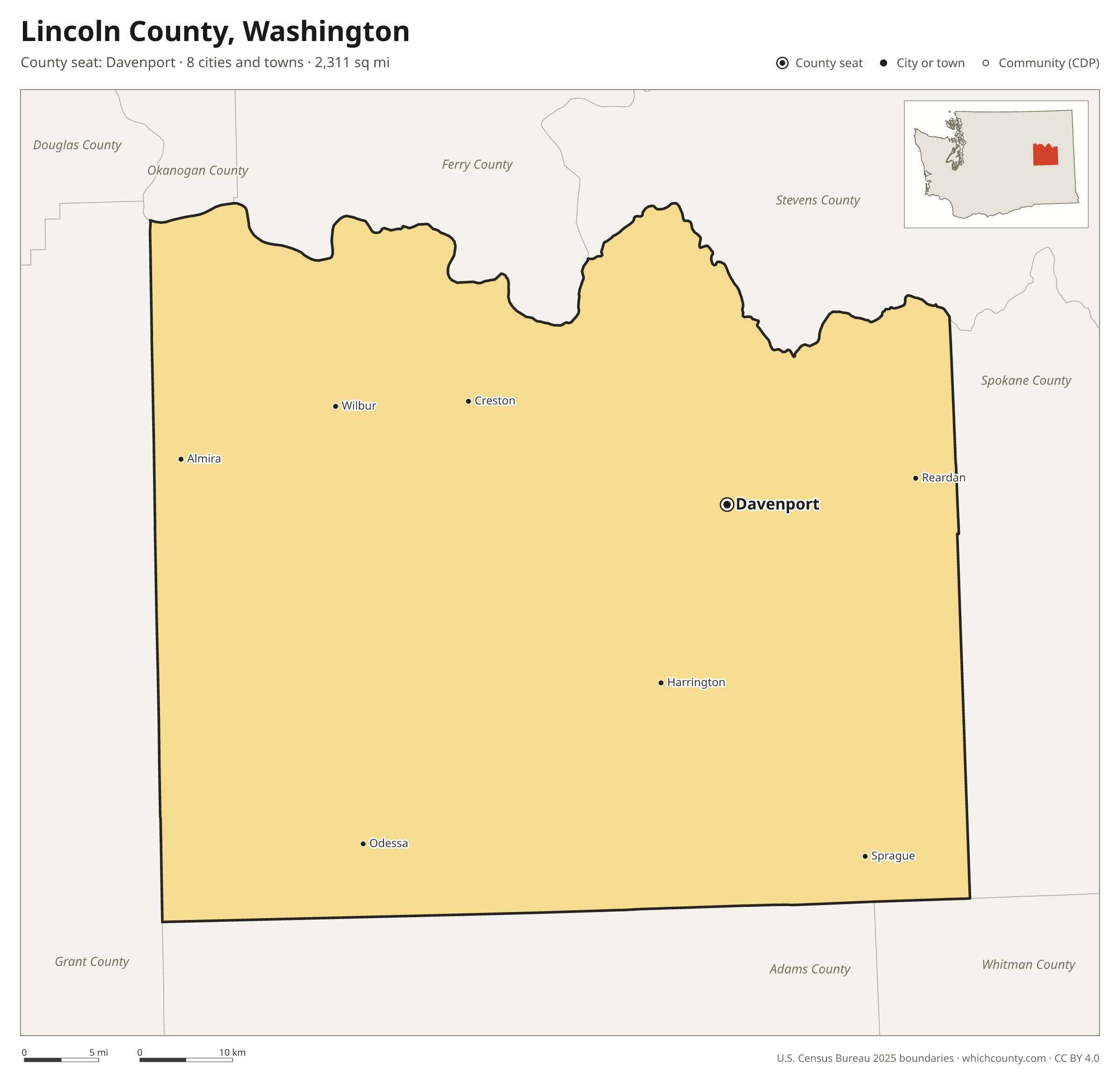 Map of Lincoln County, Washington with cities, towns and the county boundary