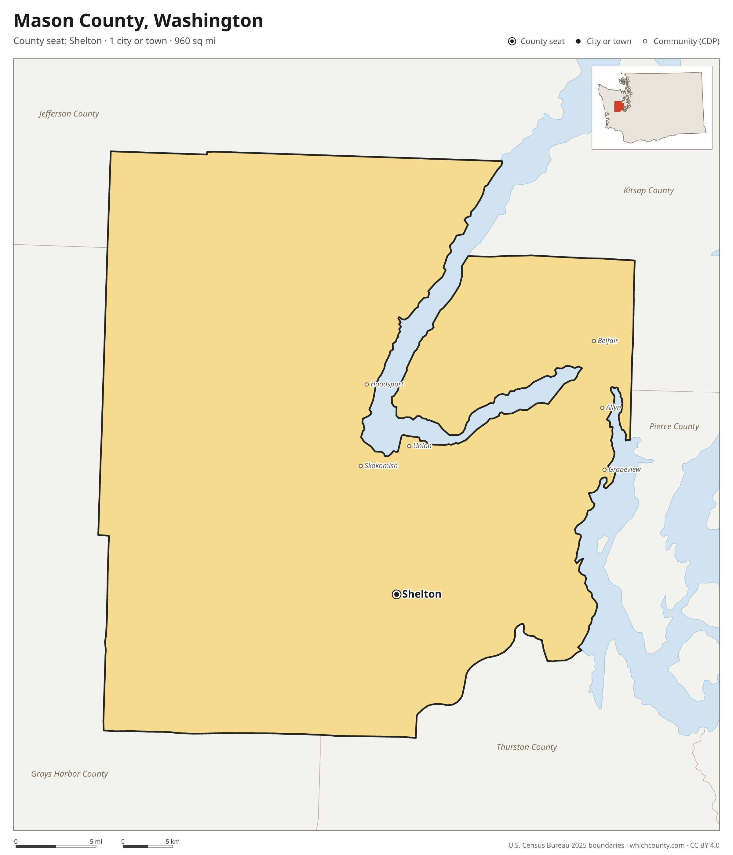 Map of Mason County, Washington with cities, towns and the county boundary