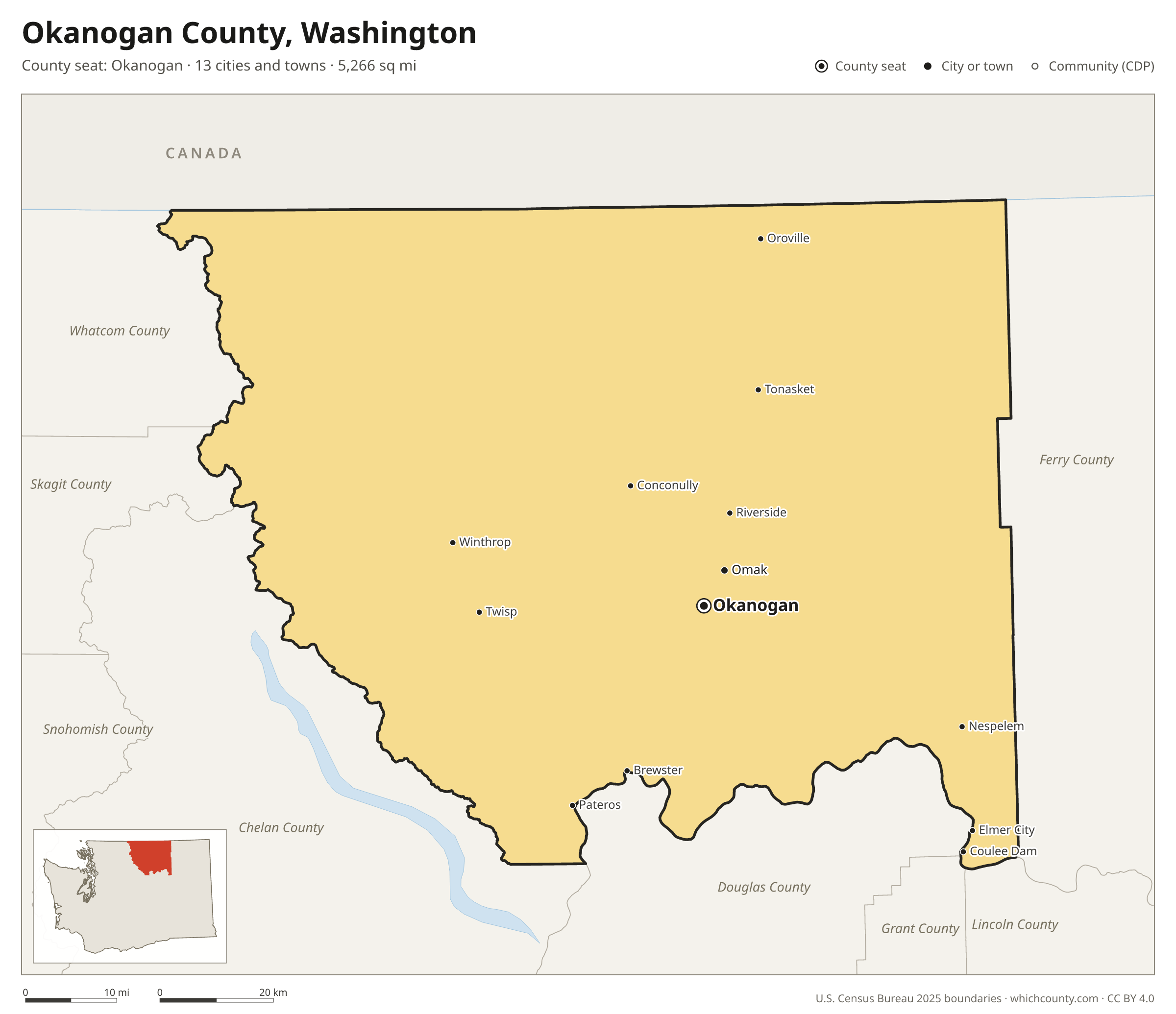 Map of Okanogan County, Washington with cities, towns and the county boundary