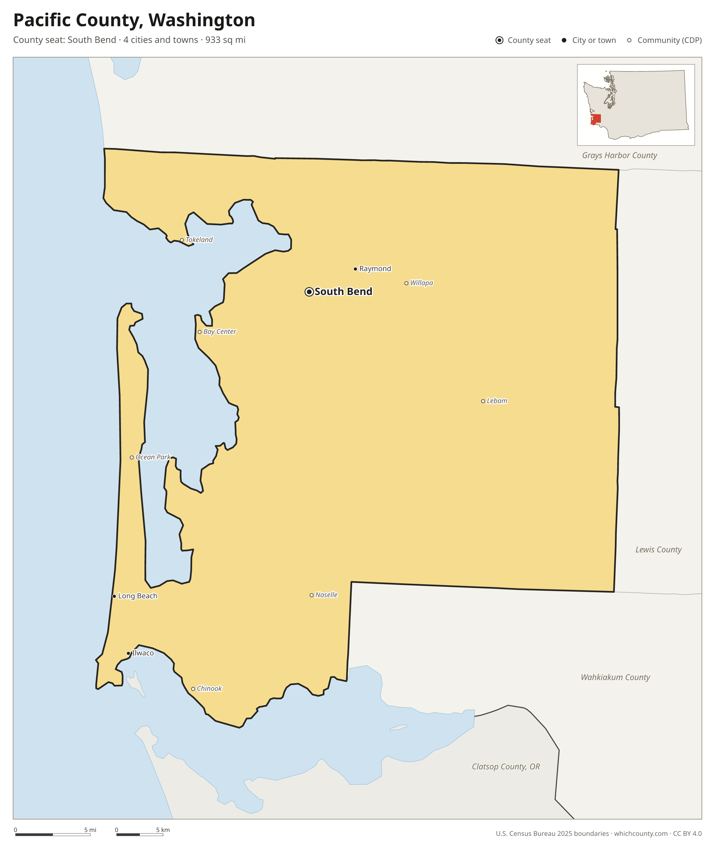 Map of Pacific County, Washington with cities, towns and the county boundary