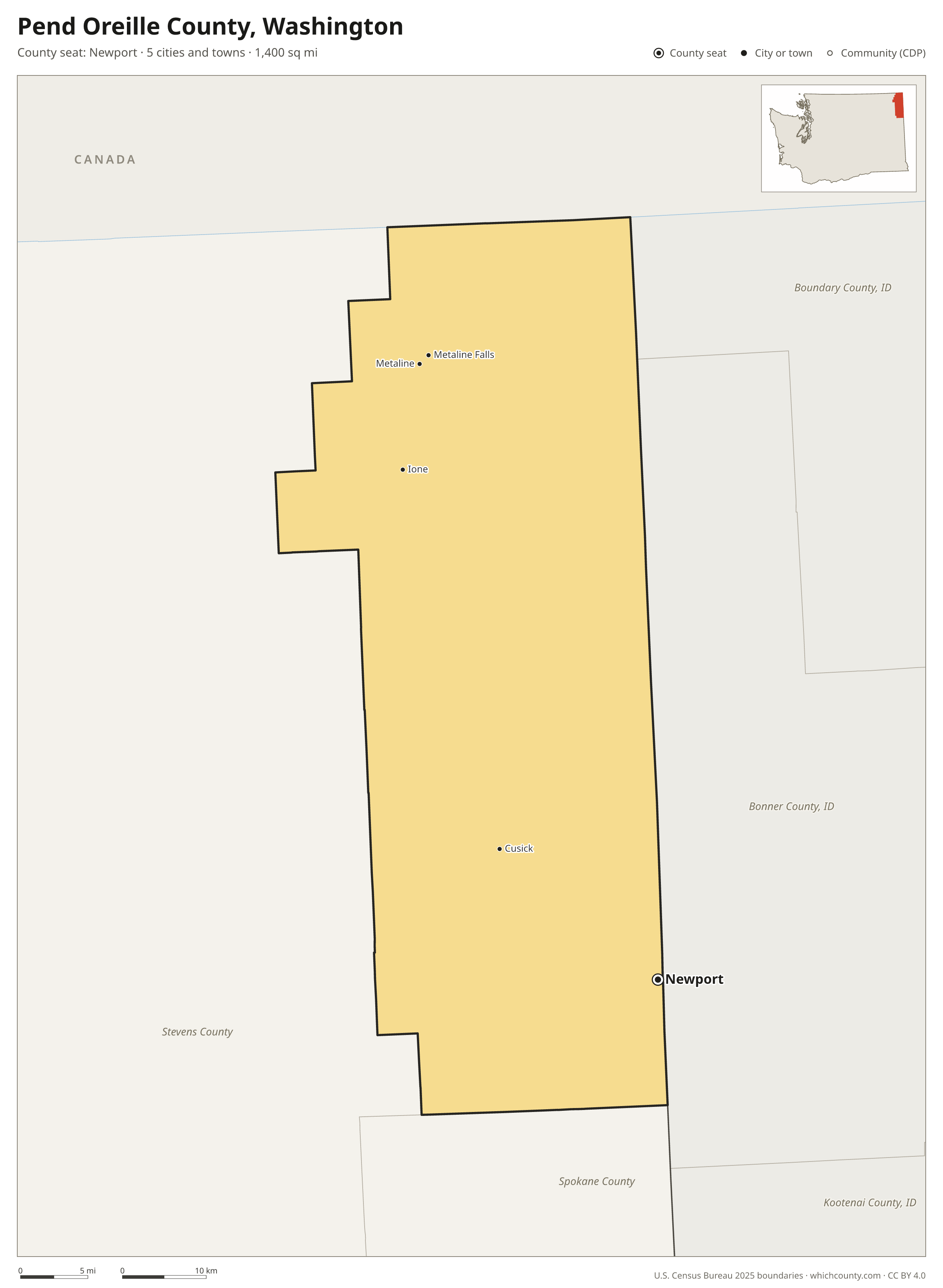 Map of Pend Oreille County, Washington with cities, towns and the county boundary