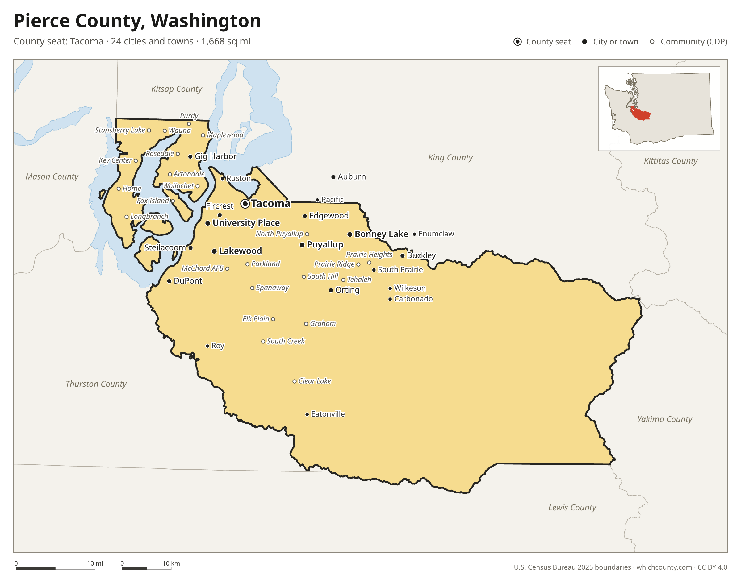 Map of Pierce County, Washington with cities, towns and the county boundary