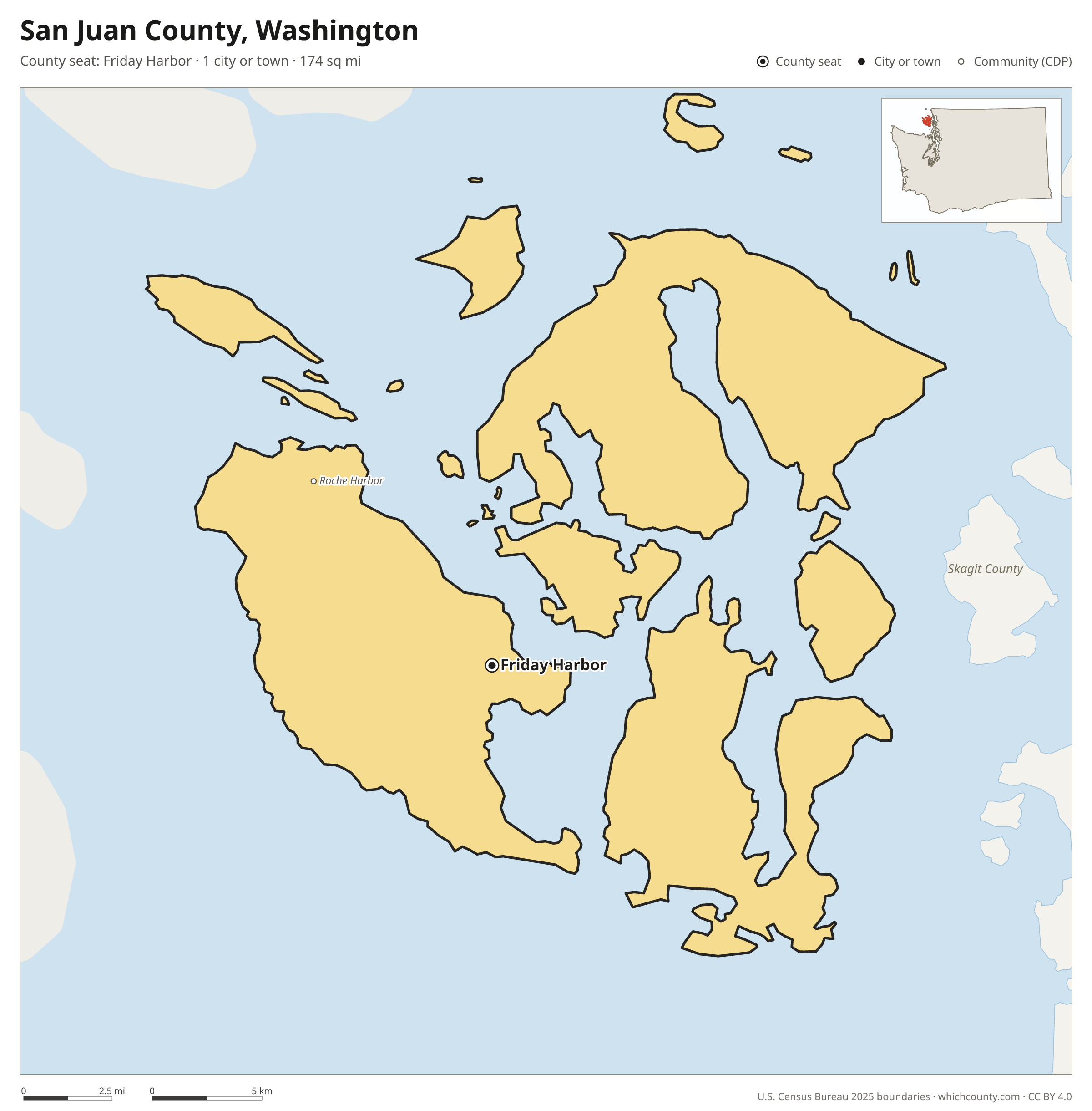 Map of San Juan County, Washington with cities, towns and the county boundary