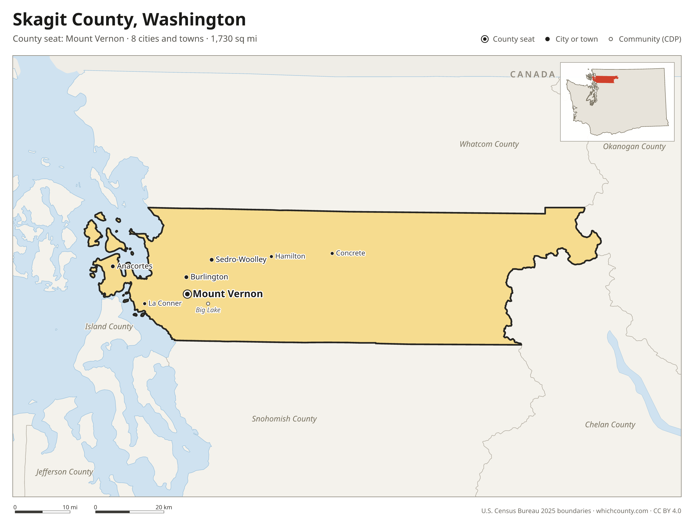 Map of Skagit County, Washington with cities, towns and the county boundary