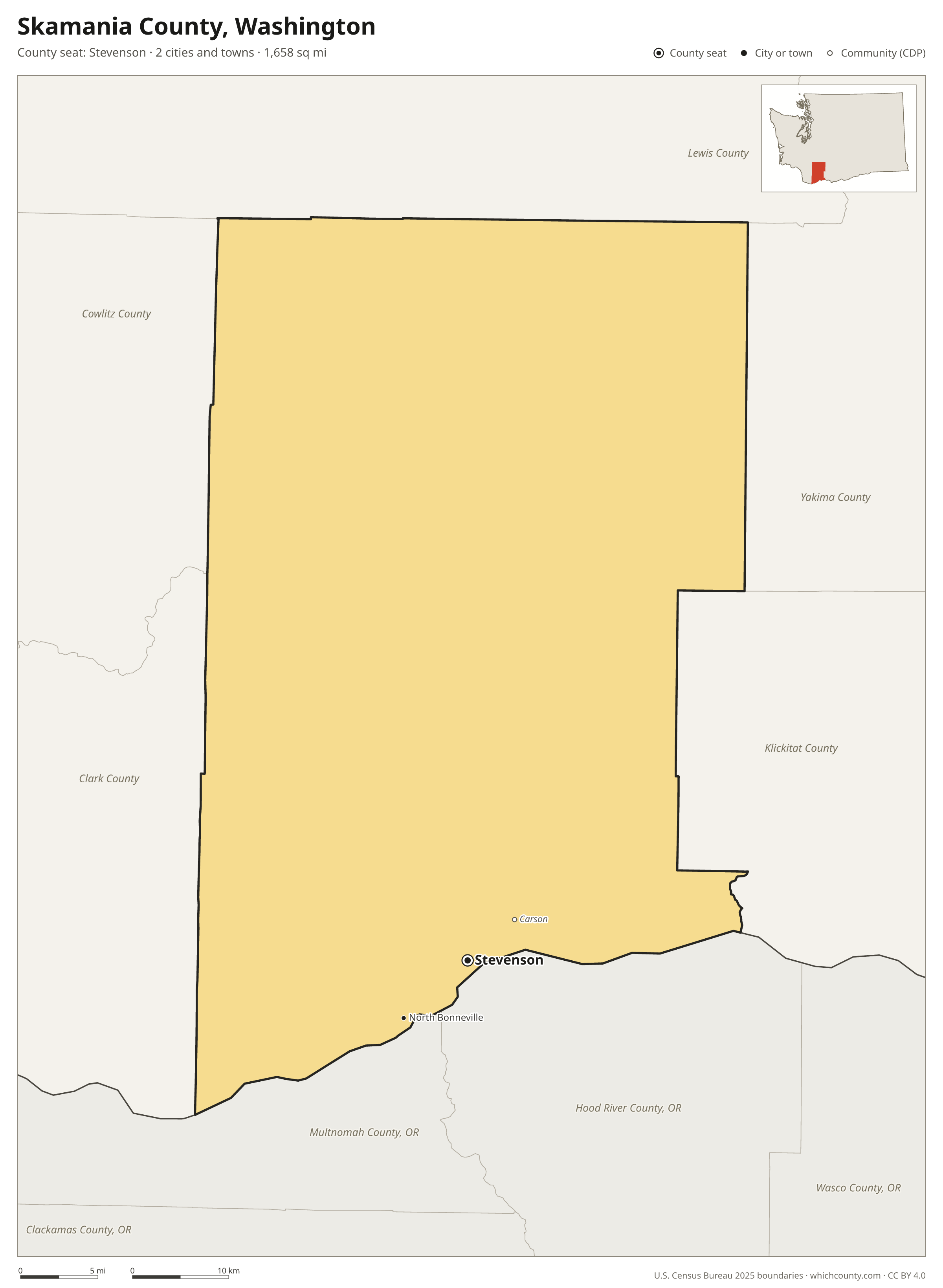 Map of Skamania County, Washington with cities, towns and the county boundary