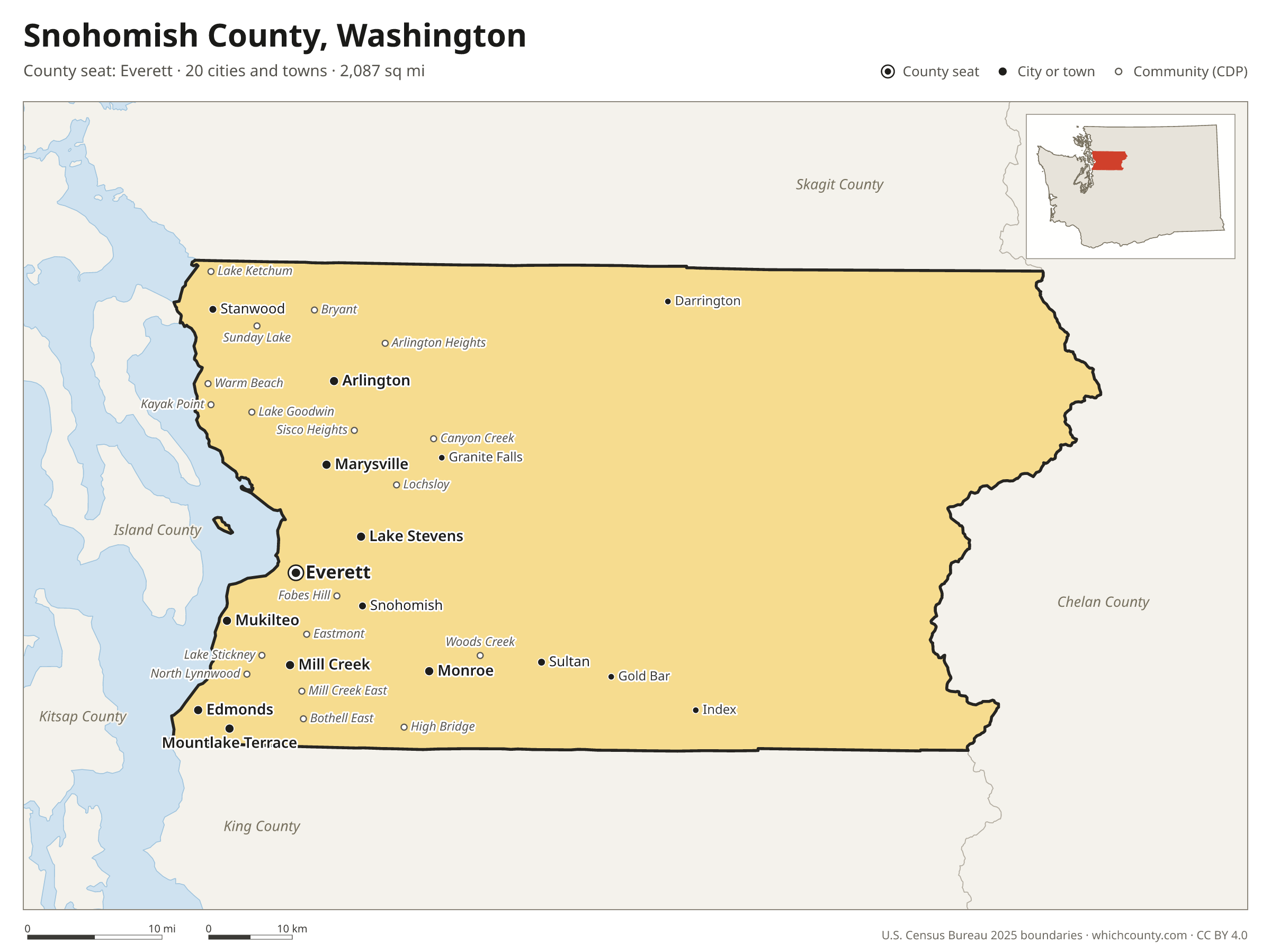 Map of Snohomish County, Washington with cities, towns and the county boundary