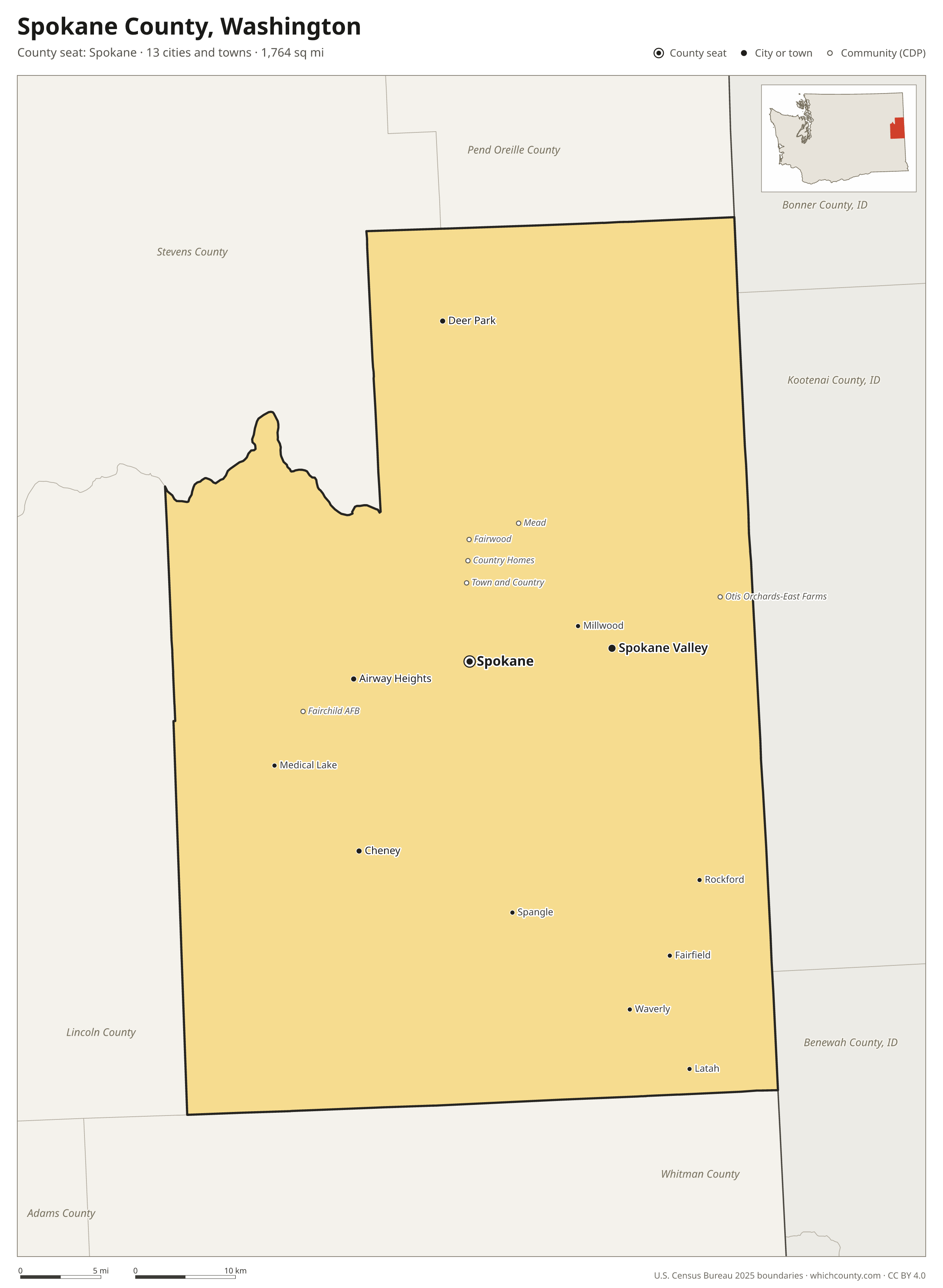 Map of Spokane County, Washington with cities, towns and the county boundary