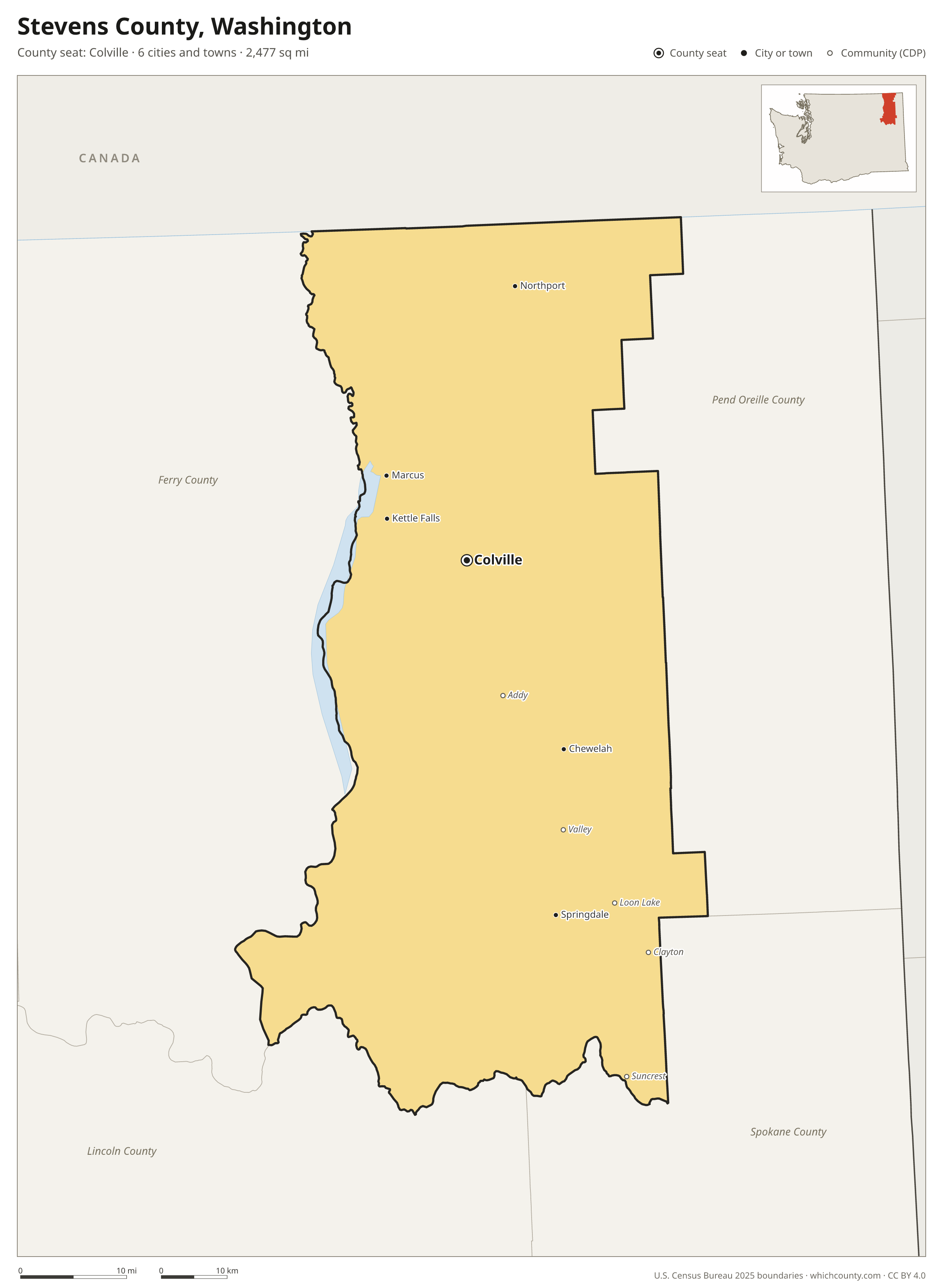 Map of Stevens County, Washington with cities, towns and the county boundary
