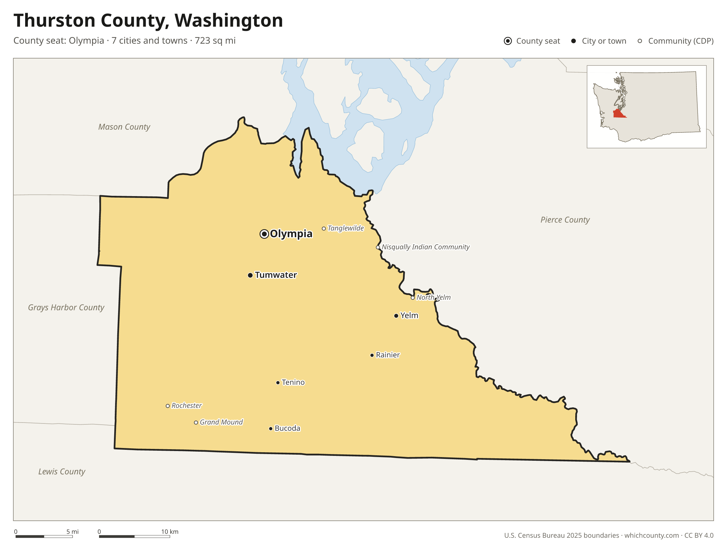 Map of Thurston County, Washington with cities, towns and the county boundary
