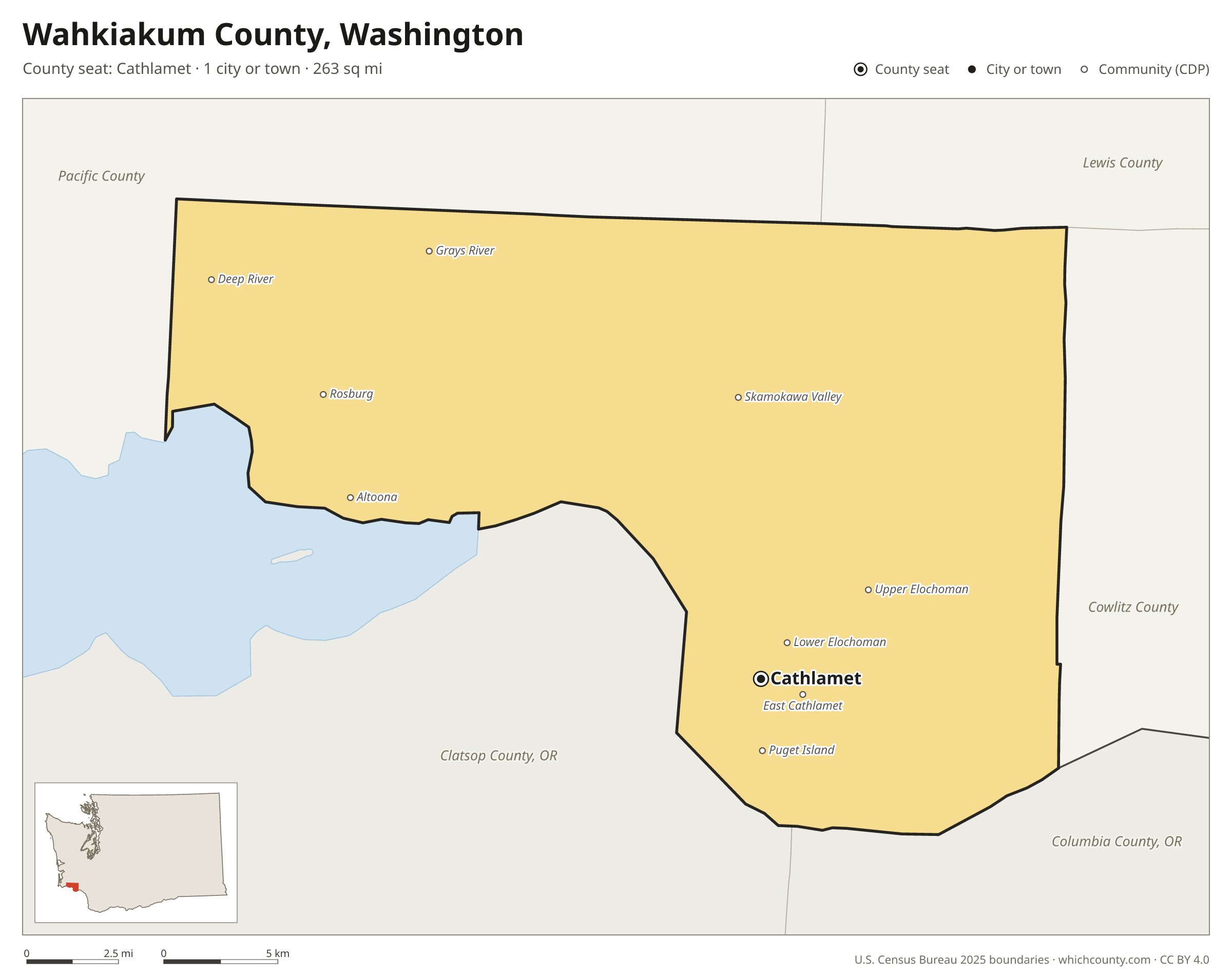 Map of Wahkiakum County, Washington with cities, towns and the county boundary