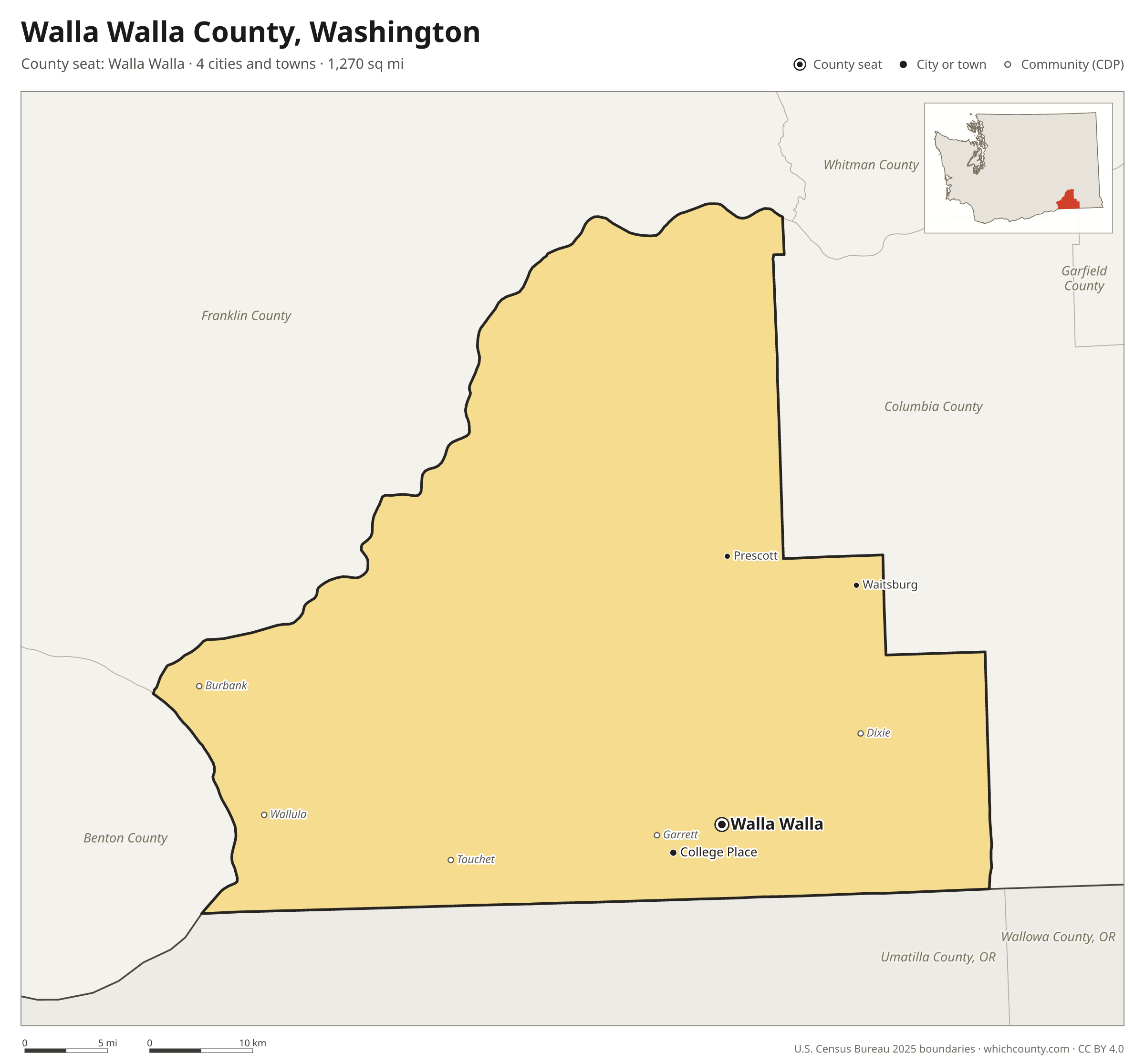 Map of Walla Walla County, Washington with cities, towns and the county boundary