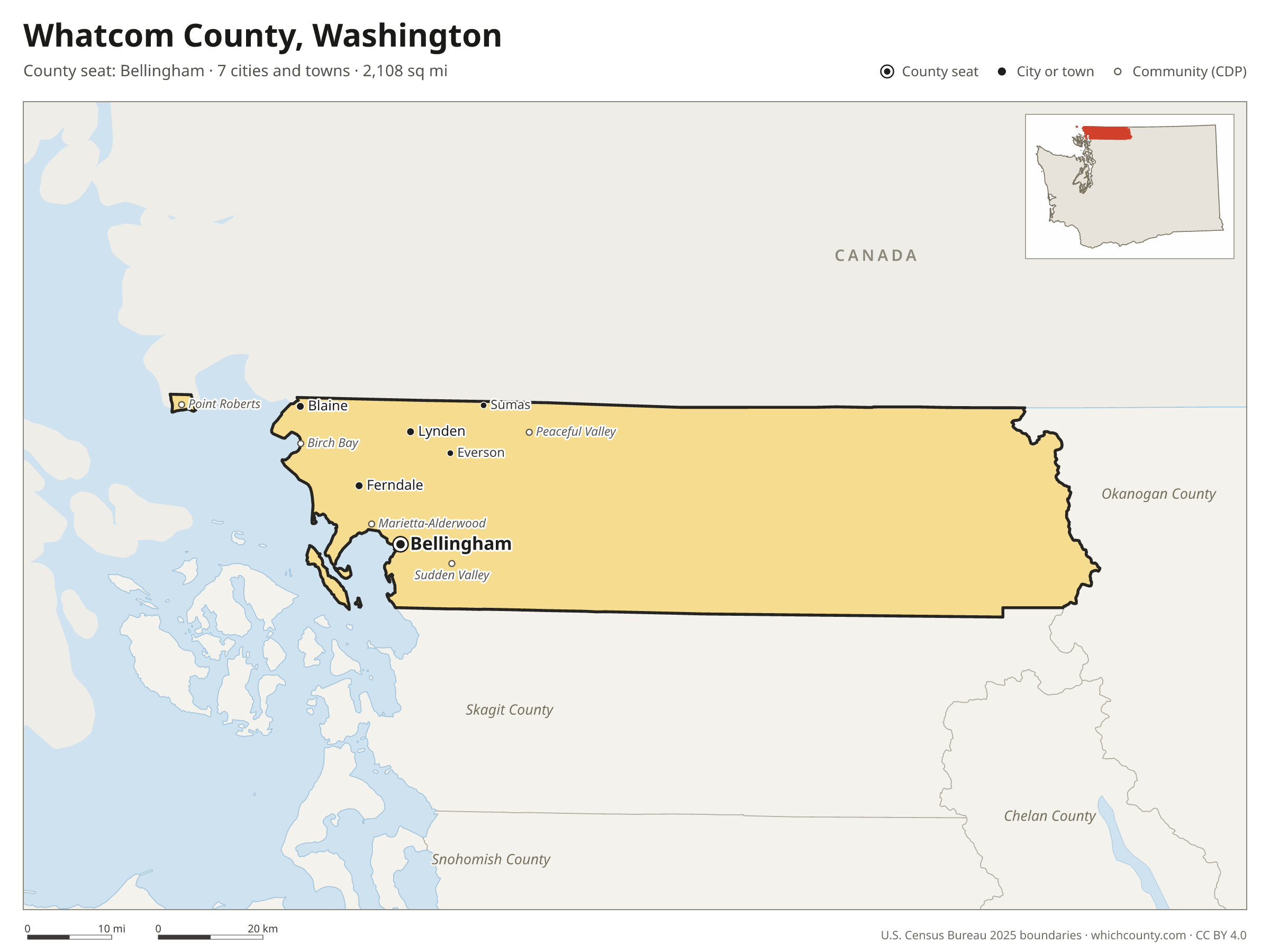 Map of Whatcom County, Washington with cities, towns and the county boundary