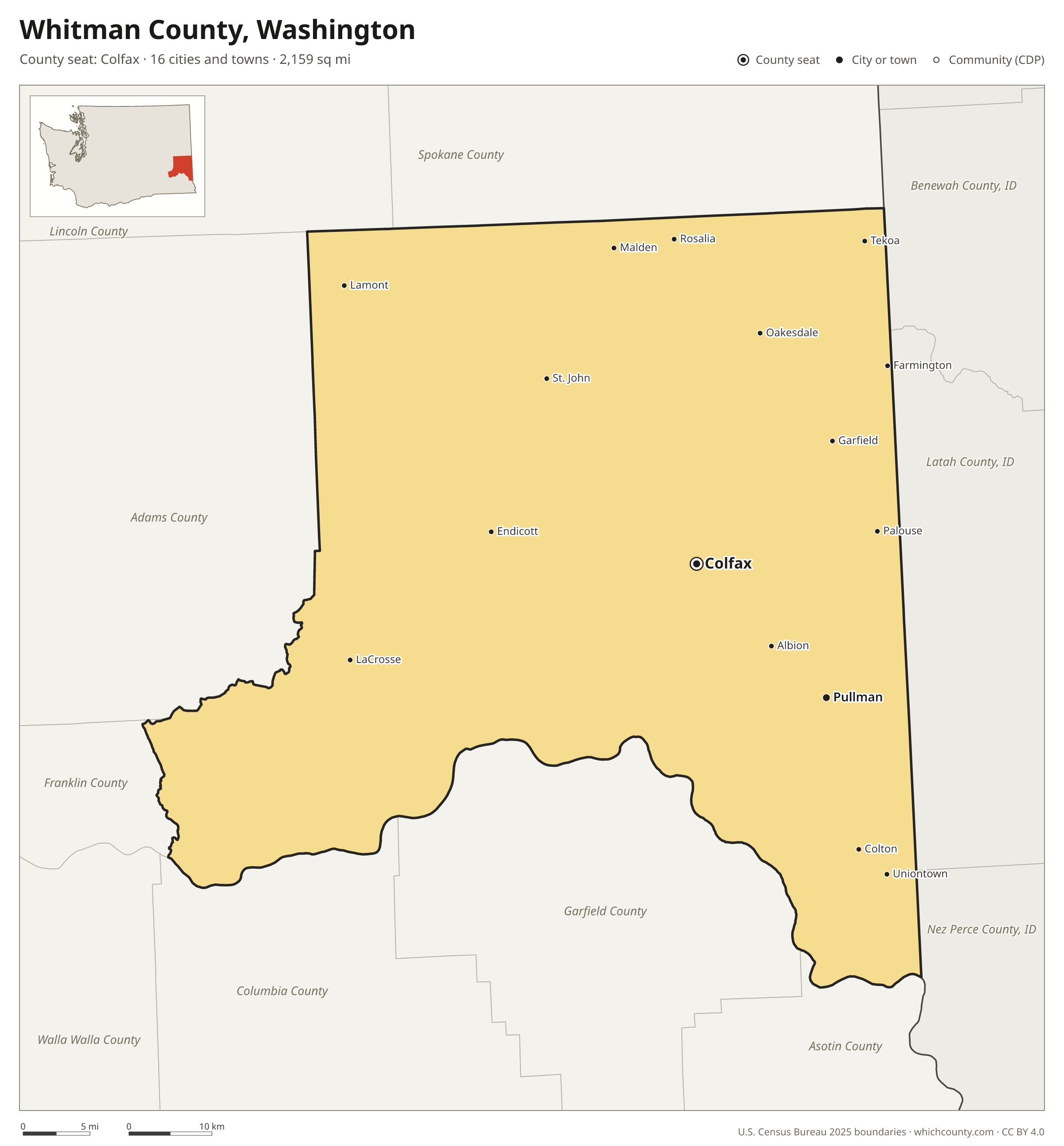 Map of Whitman County, Washington with cities, towns and the county boundary