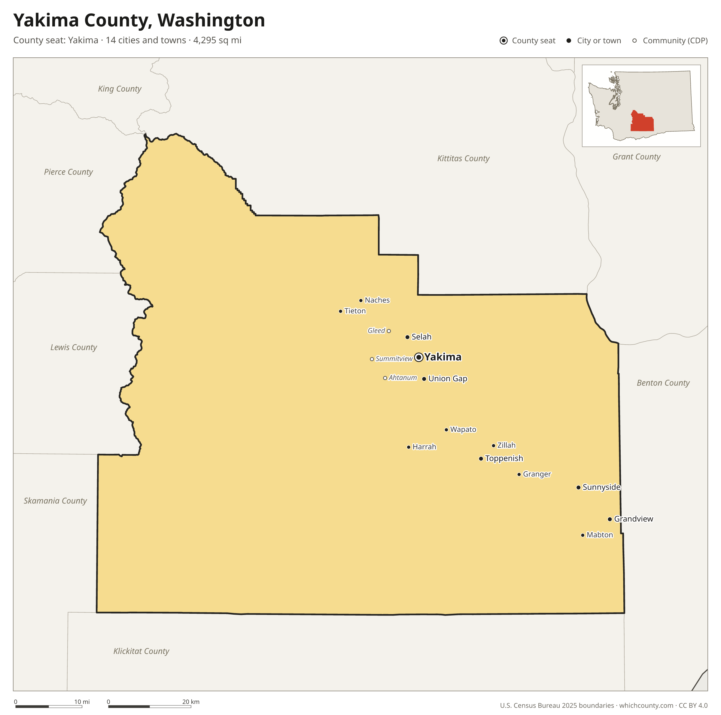 Map of Yakima County, Washington with cities, towns and the county boundary