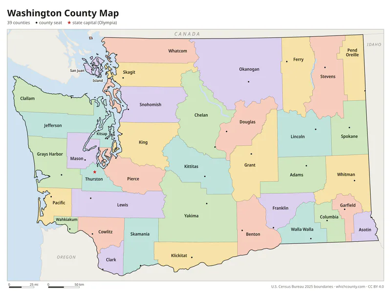 Washington county map with all 39 counties labeled