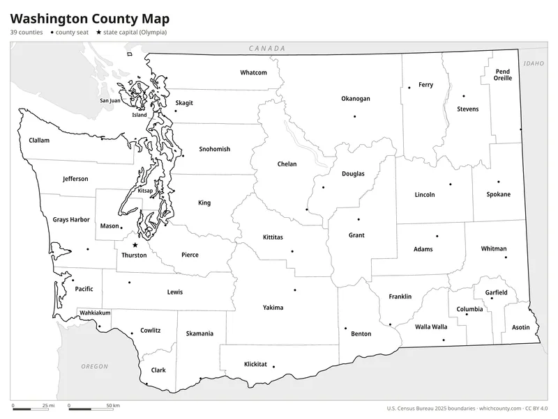 Black and white Washington county map