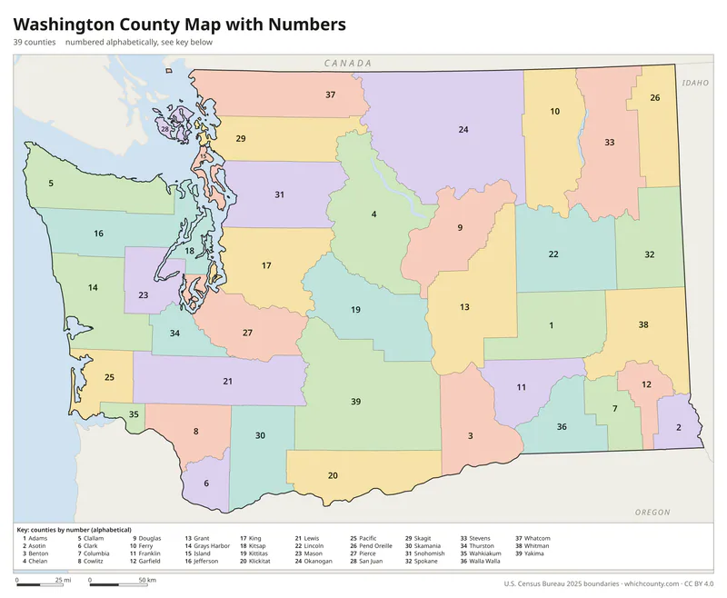 Washington county map with numbers