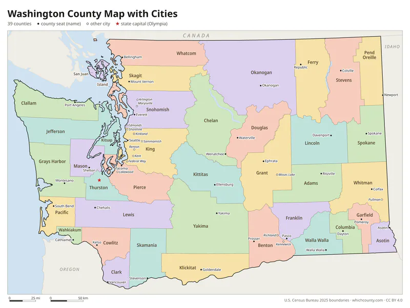 Washington county map with cities and county seats
