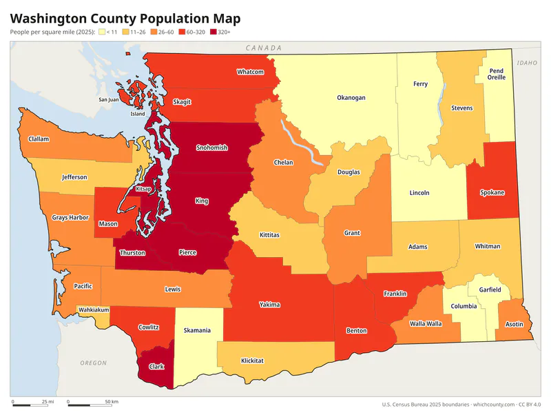 Map of Washington counties shaded by population density