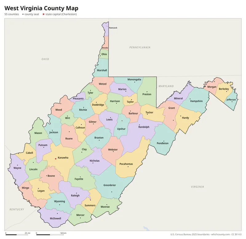 West Virginia county map with all 55 counties labeled