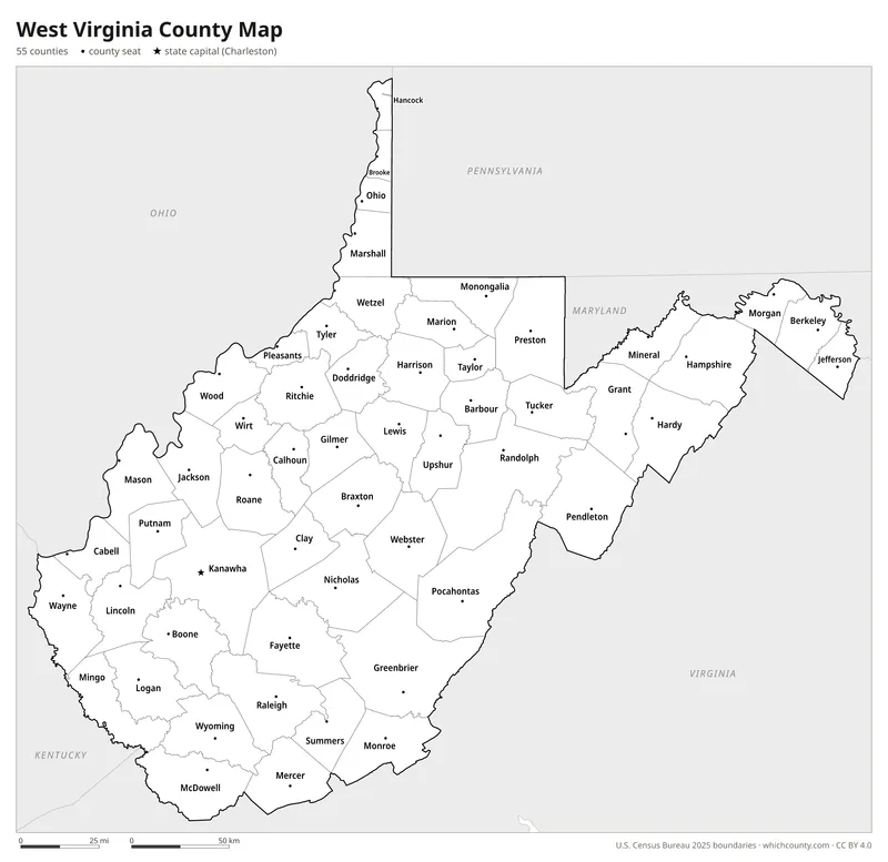 Black and white West Virginia county map