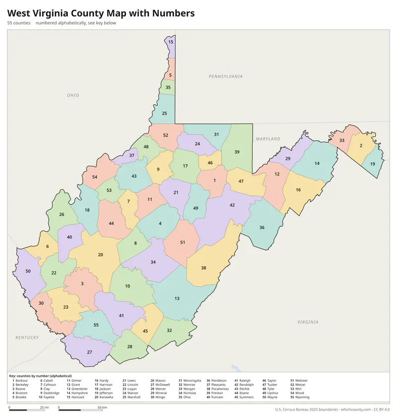 West Virginia county map with numbers