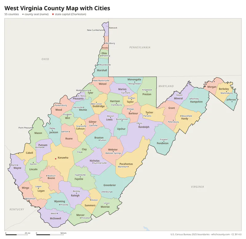 West Virginia county map with cities and county seats