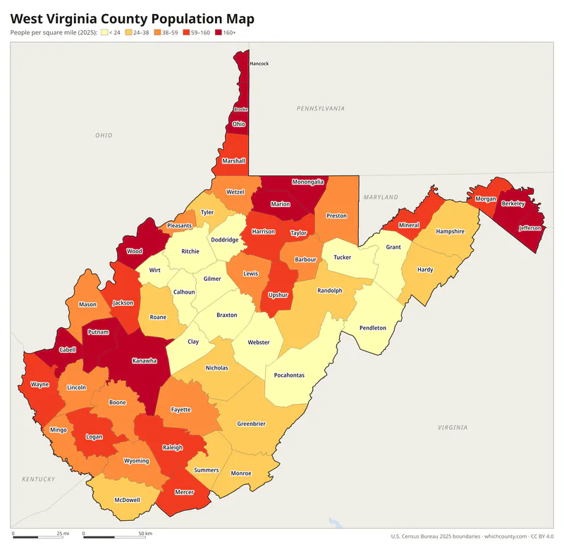Map of West Virginia counties shaded by population density