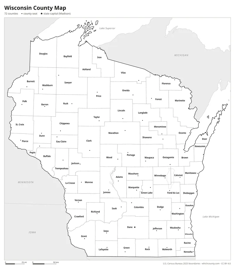Black and white Wisconsin county map