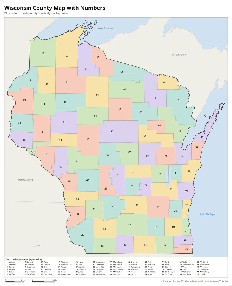 Wisconsin county map with numbers