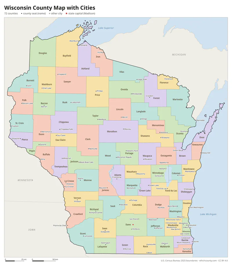 Wisconsin county map with cities and county seats